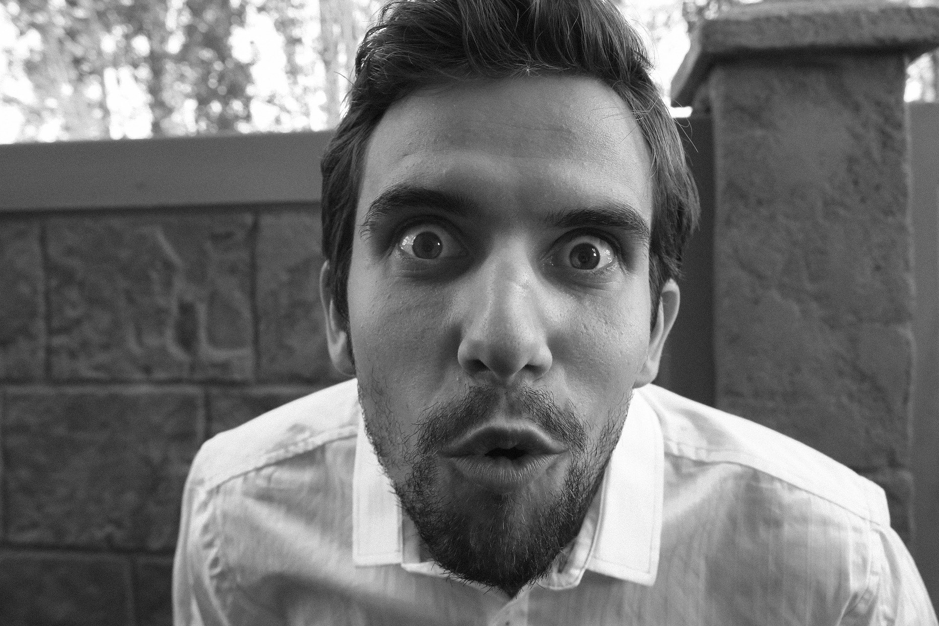 A black-and-white image of a man with a funny expression on his face | Photo: Pixabay/Olya Adamovich