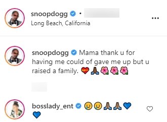 Shante Broadus' comment on Snoop Dogg's tribute to his mom. | Photo: Instagram.com/Snoopdogg
