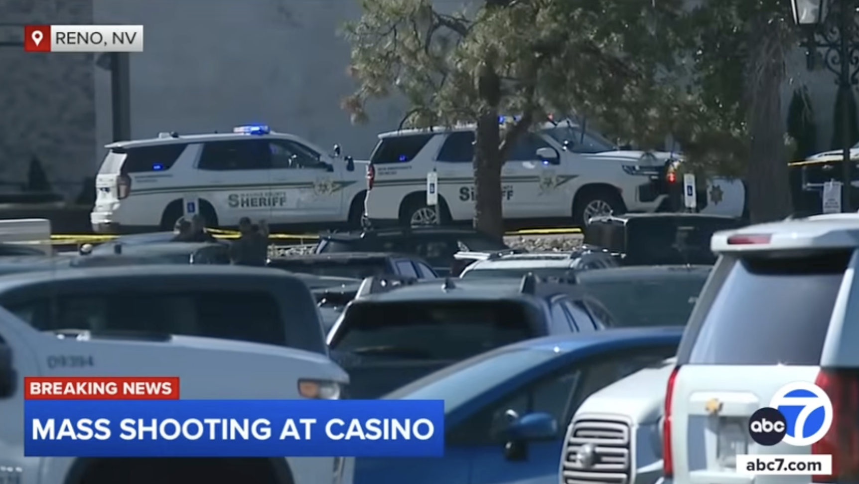 Police vehicles stationed outside the Grand Sierra Resort in Reno, Nevada, on July 28, 2025. | Source: YouTube/ABC 7