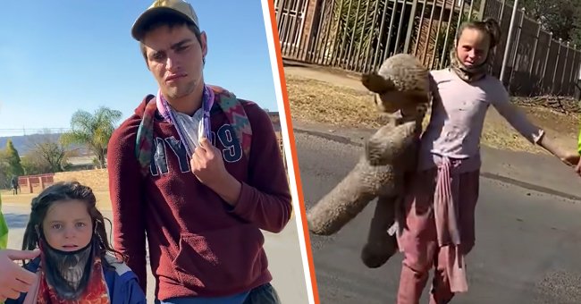 Siblings ask a stranger for a small donation [left] Young girl tries to sell a dirty teddy bear [right] | Photo: youtube.com/BI Phakathi