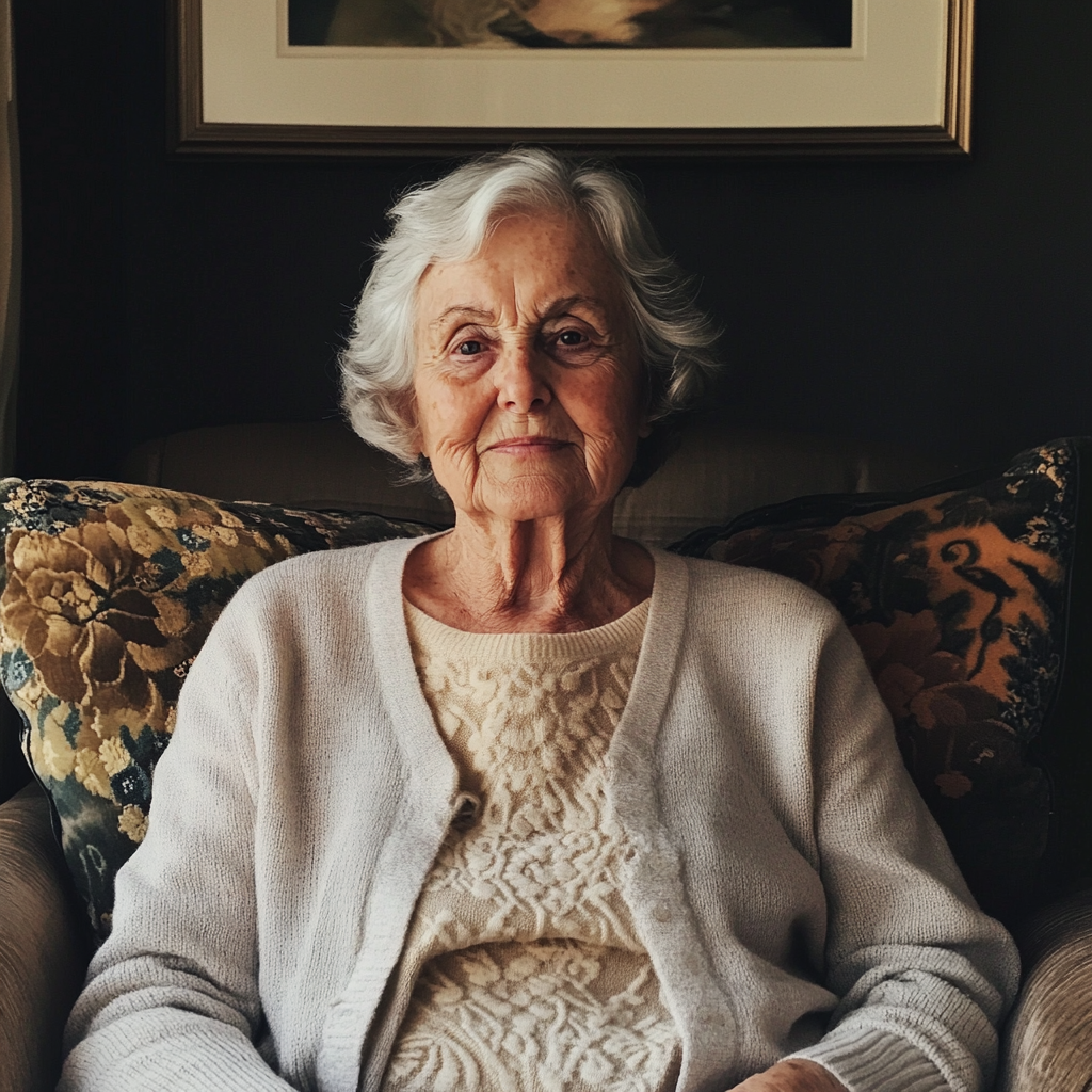 An older woman sitting on a couch | Source: Midjourney