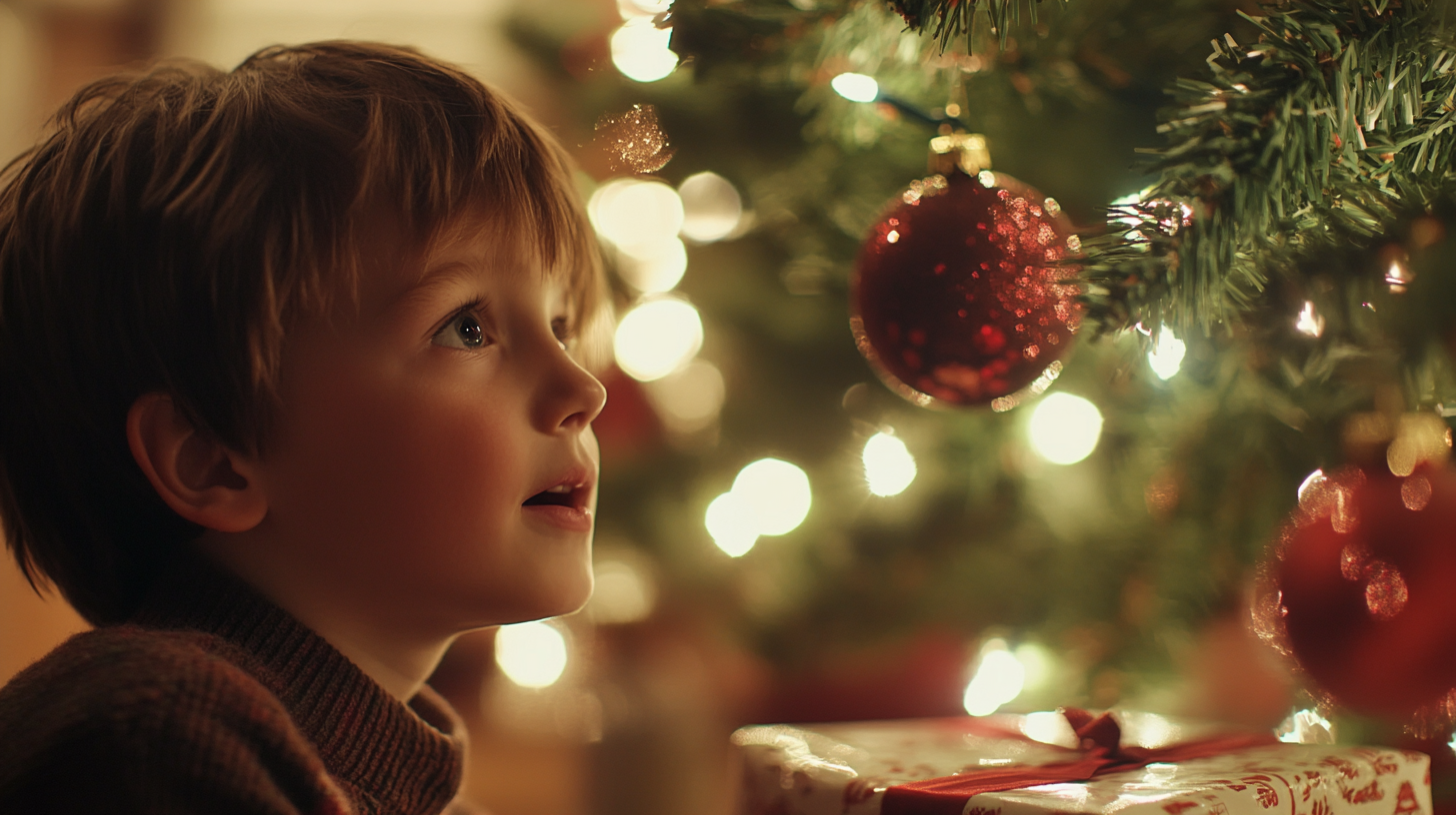 Boy looking at a Christmas tree | Source: Midjourney