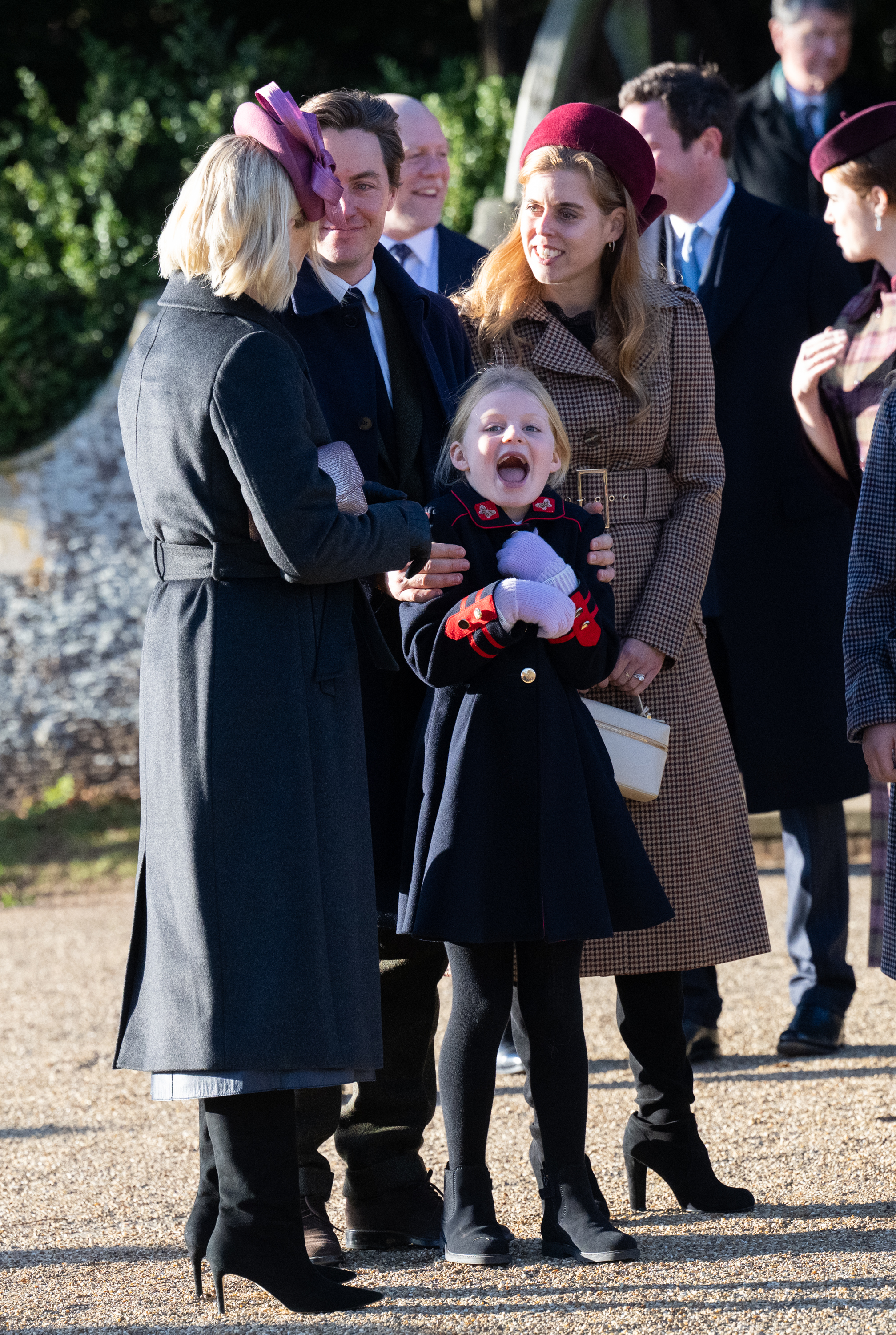 Zara Tindall, Edoardo Mapelli Mozzi, Lena Tindall and Princess Beatrice attend the Christmas Morning Service at Sandringham Church on 25 December 2025 in Sandringham, Norfolk. | Source: Getty Images