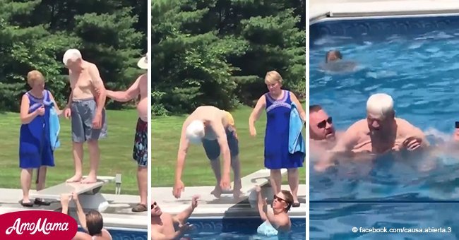 Veterano de 95 años se lanza a la piscina para enseñar a niño de 3 a ser valiente (Video)
