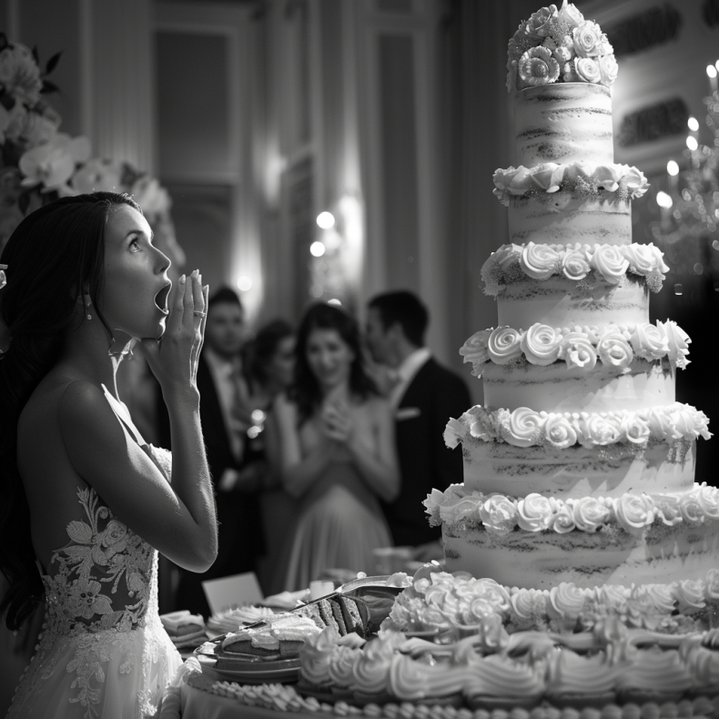 Surprise at the towering, mistakenly ordered cake | Source: Midjourney