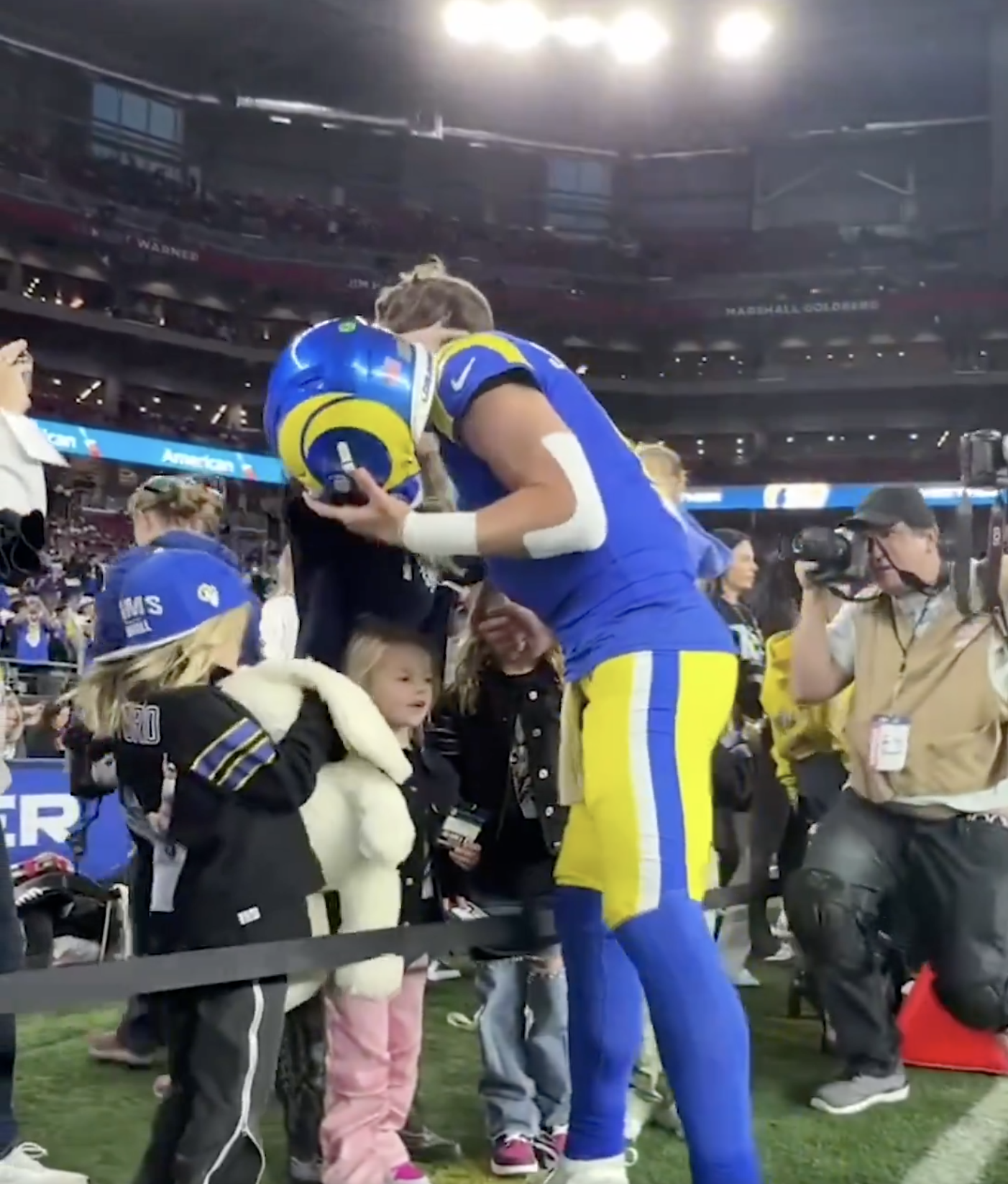 Matthew Stafford hugs his wife, Kelly, before the NFL Wildcard game, posted on January 13, 2025 | Source: x.com/SportsCenter