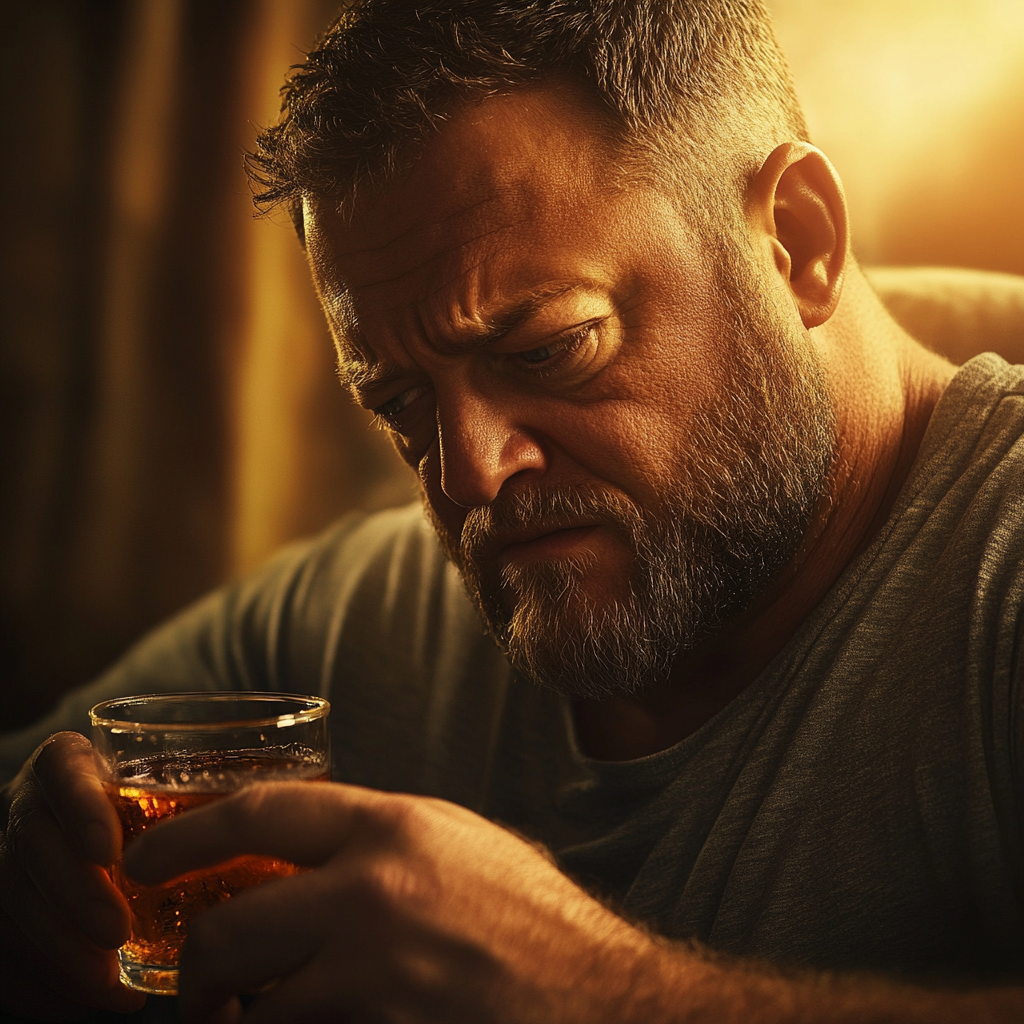 Distressed man holding a glass of whiskey | Source: Midjourney