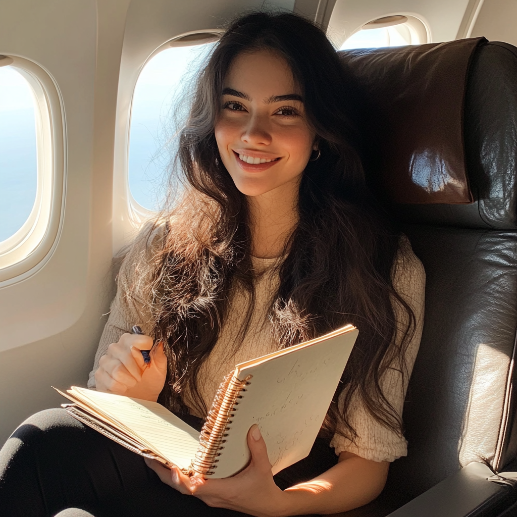 A smiling woman sitting in an airplane | Source: Midjourney