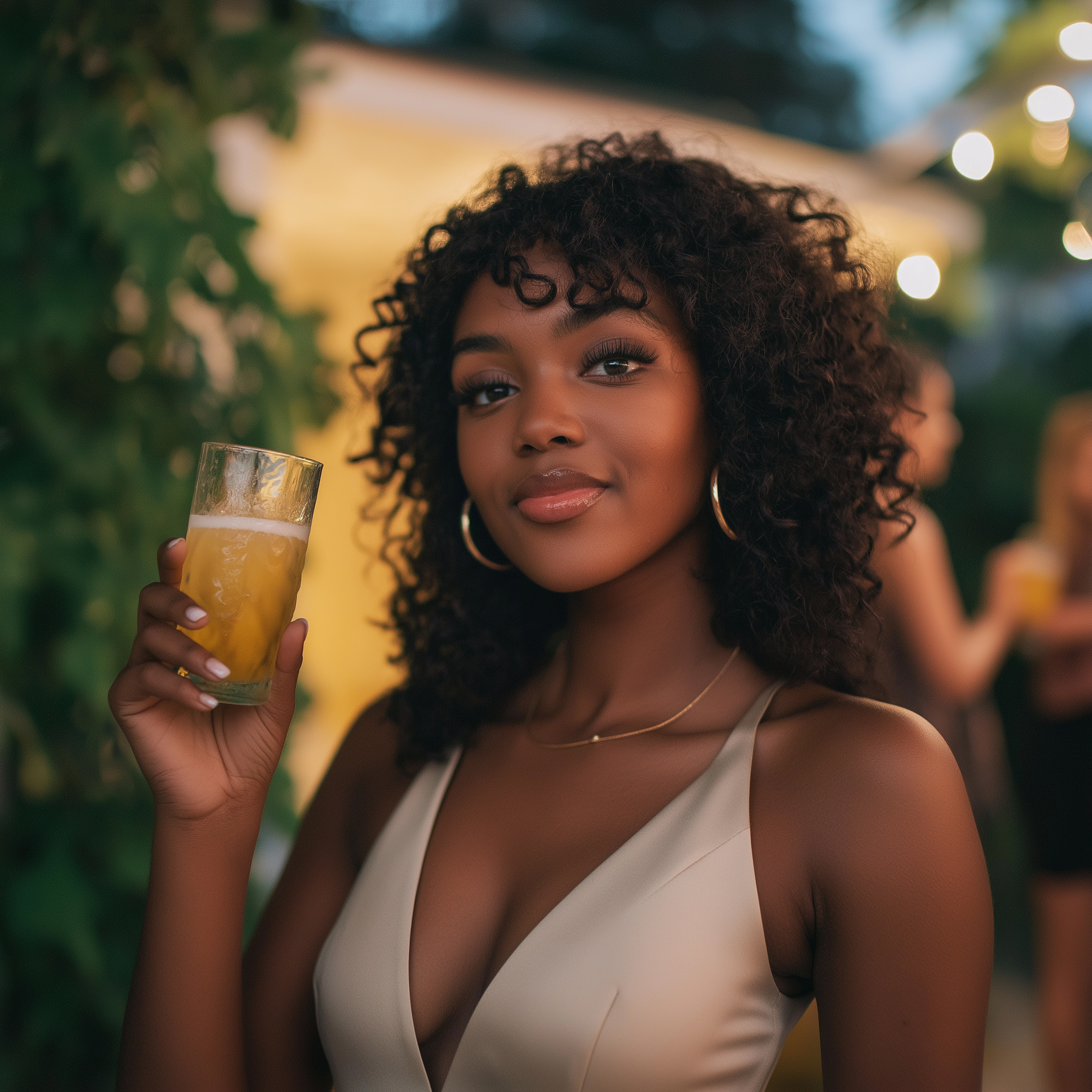 A woman smirks while holding a glass of drink at a party | Source: Midjourney