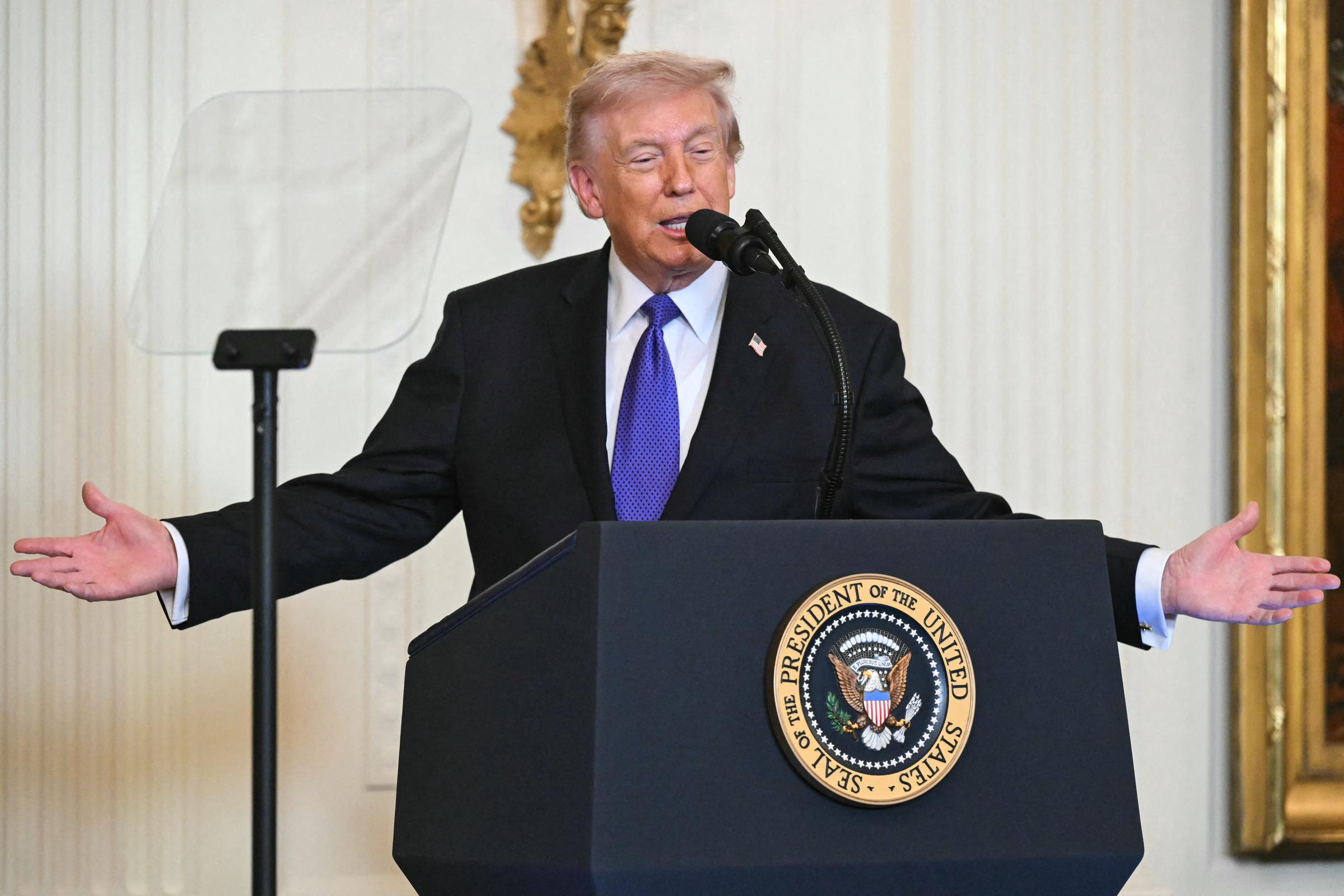 Donald Trump speaks during a Medal of Honor Ceremony in the East Room of the White House on March 2, 2026, in Washington, DC | Source: Getty Images