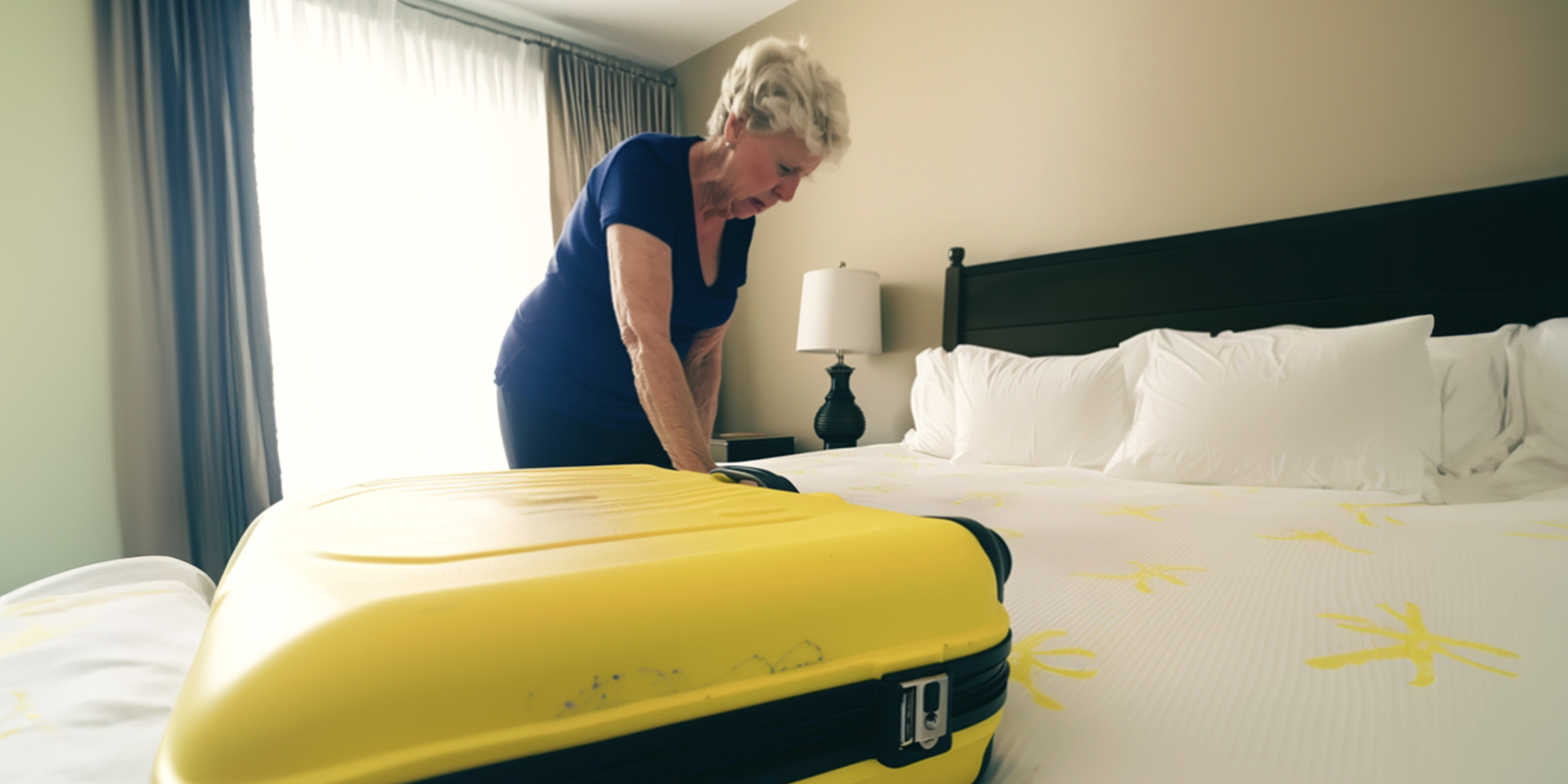 An elderly woman leaning over a bed, with a suitcase in the foreground | Source: Amomama