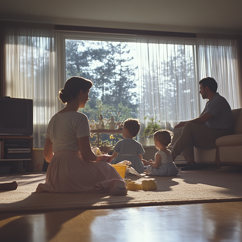 An unhappy woman cleaning her house while her children play and her husband sits on the couch | Source: Midjourney