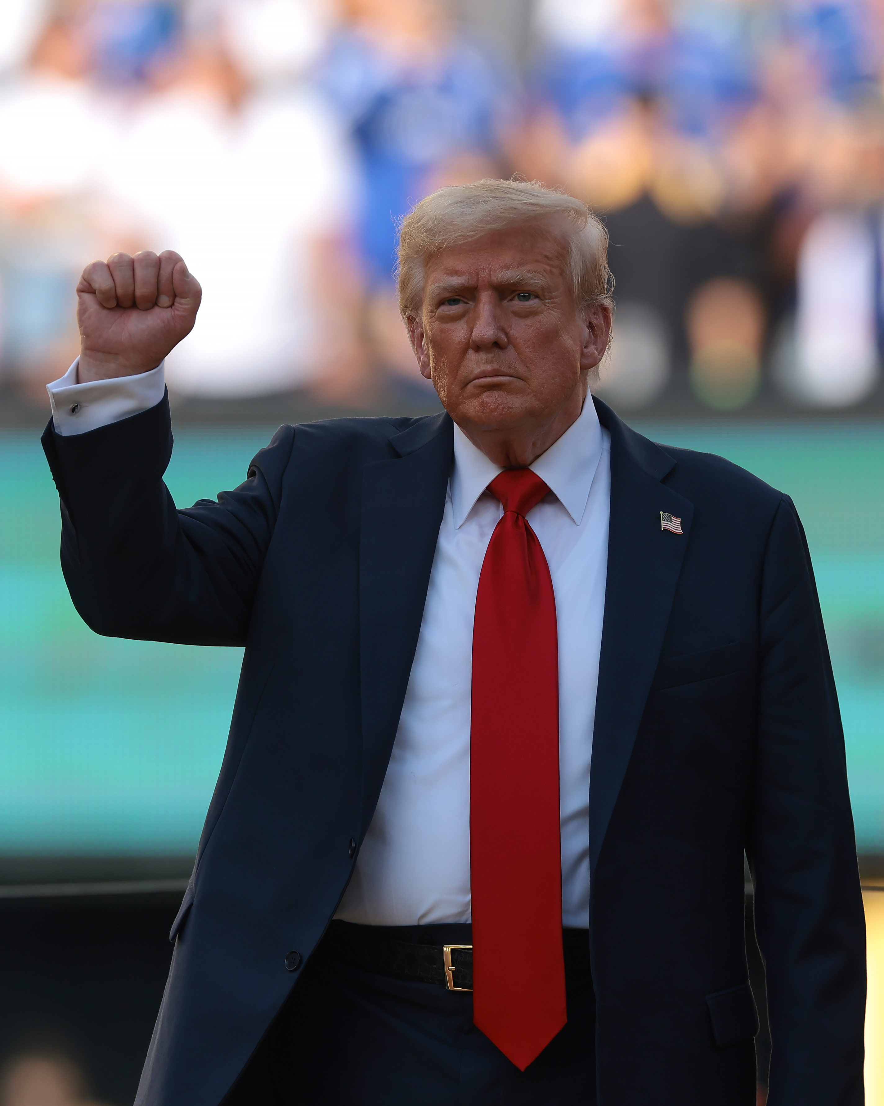 U.S. President Donald Trump gestures on stage during the trophy presentation ceremony following the FIFA Club World Cup 2025 | Source: Getty Images