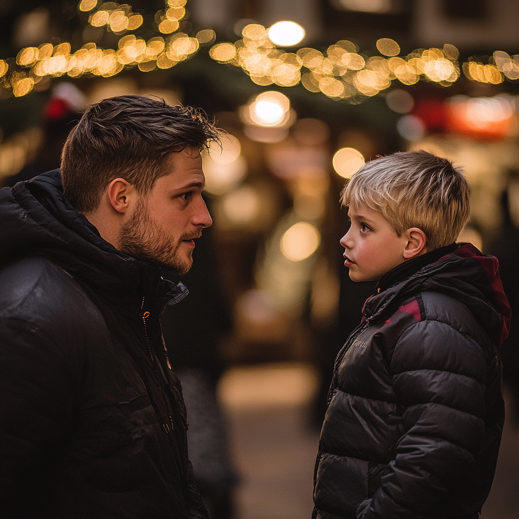 A smiling man talking to a young boy | Source: Midjourney