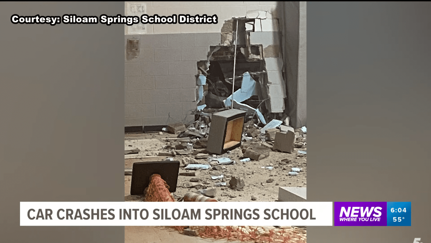 Screenshot of video showing car crashed into the school from March 2, 2021 | Source: YouTube/5News