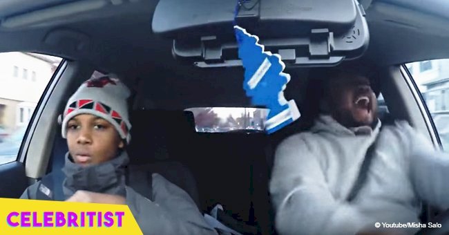 Father drives his son to school and goes crazy when song comes on in the car