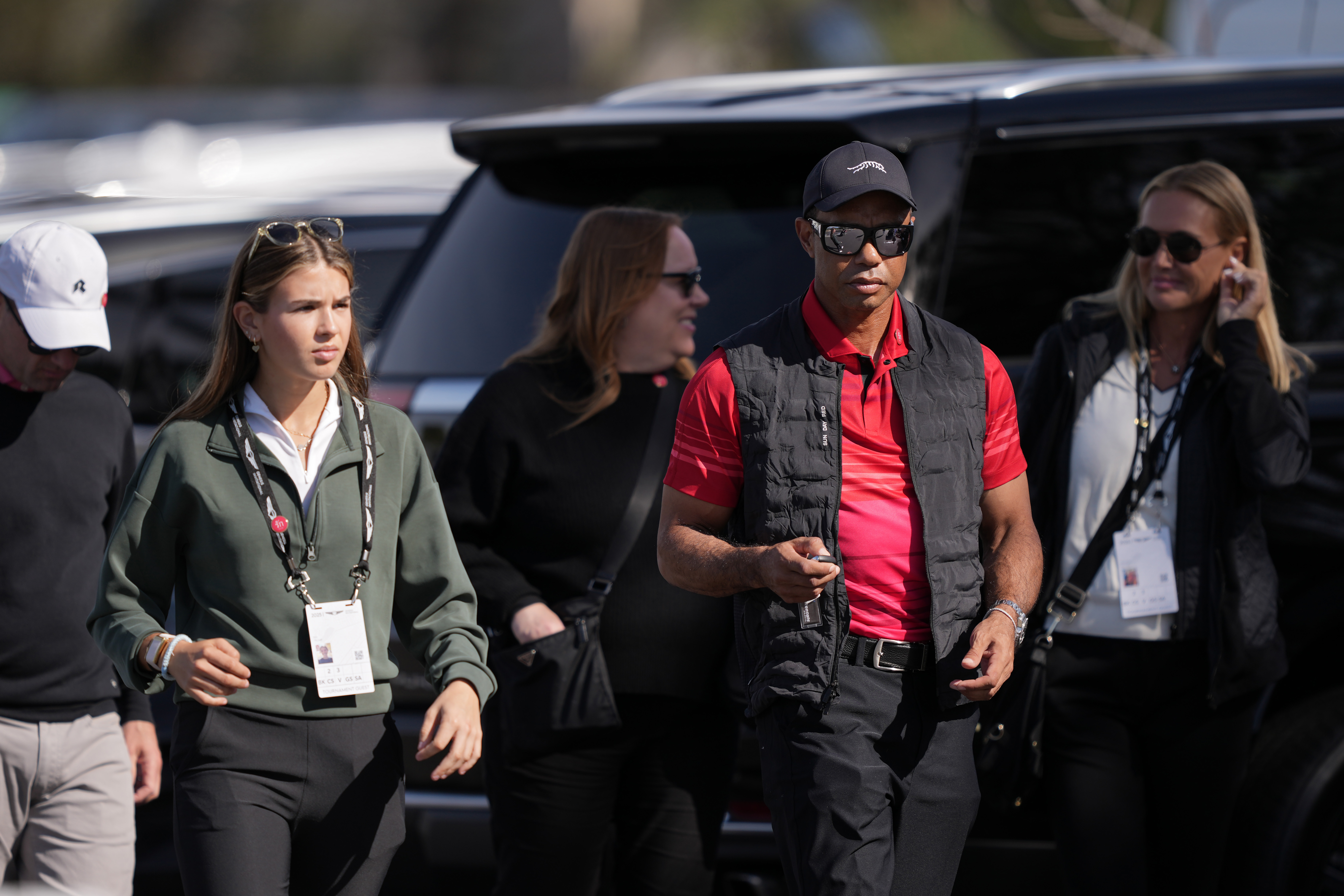 Kai Trump and Tiger Woods arriving at the course during the final round of The Genesis Invitational 2025 at Torrey Pines Golf Course on February 16 in La Jolla, California. | Source: Getty Images