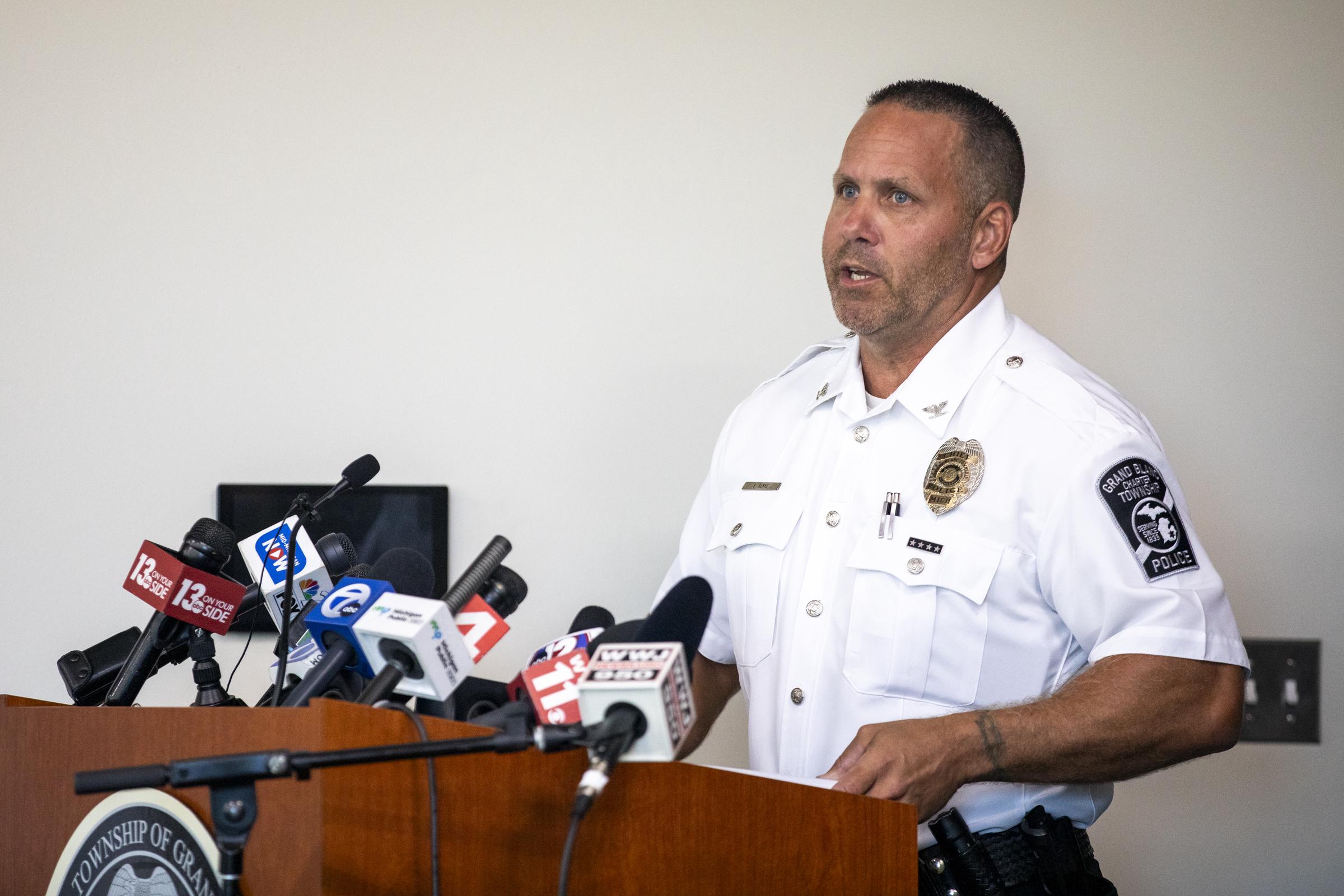 Police Chief William Renye speaks at a press conference after a shooting and fire at the Church of Jesus Christ of Latter-day Saints in Grand Blanc, Michigan, on September 28, 2025 | Source: Getty Images