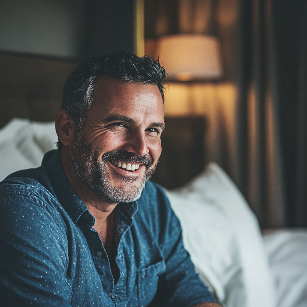 A smiling man sitting on a bed | Source: Midjourney