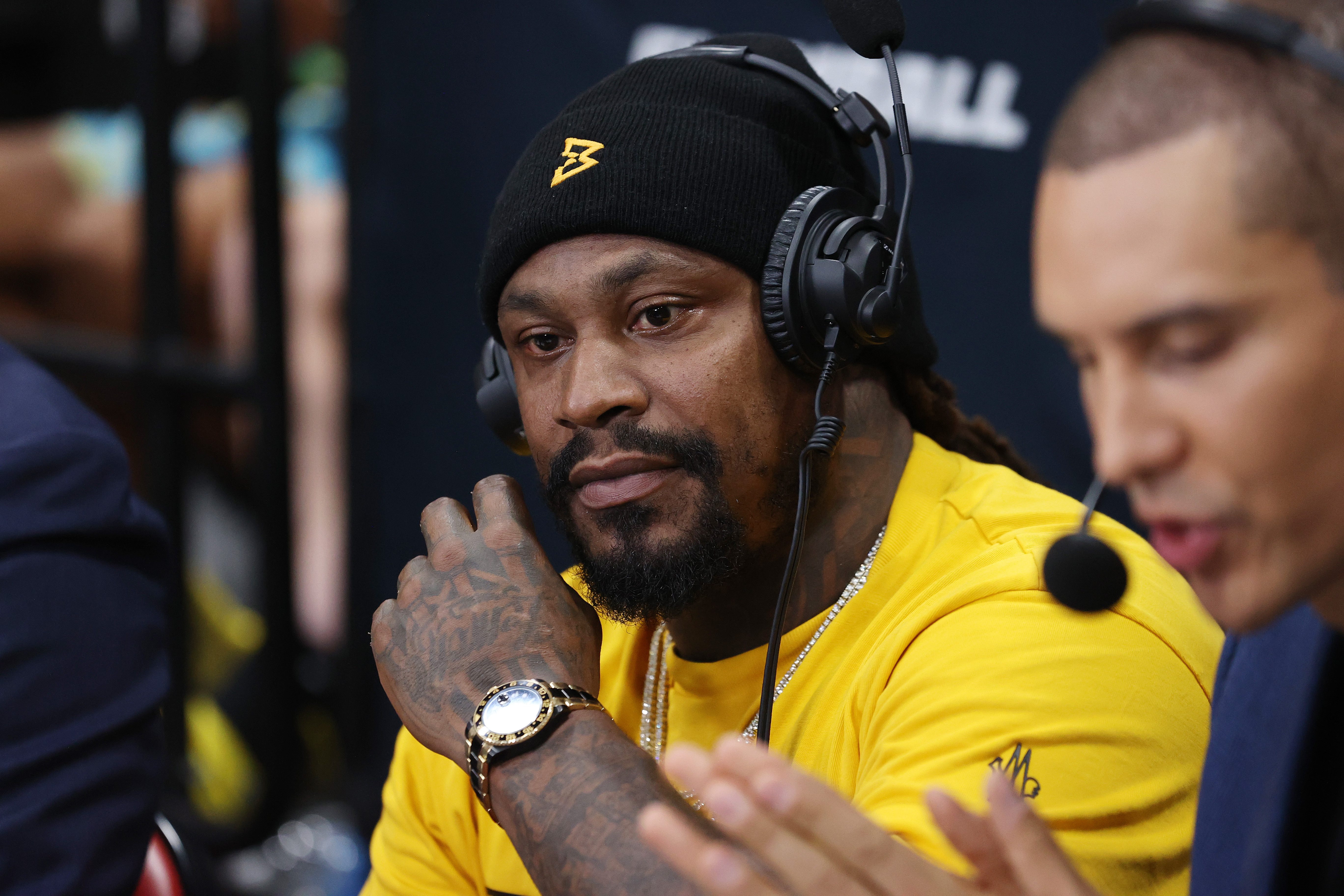 Marshawn Lynch commentating during a SlamBall playoff game on August 15, 2023, in Las Vegas, Nevada. | Source: Getty Images
