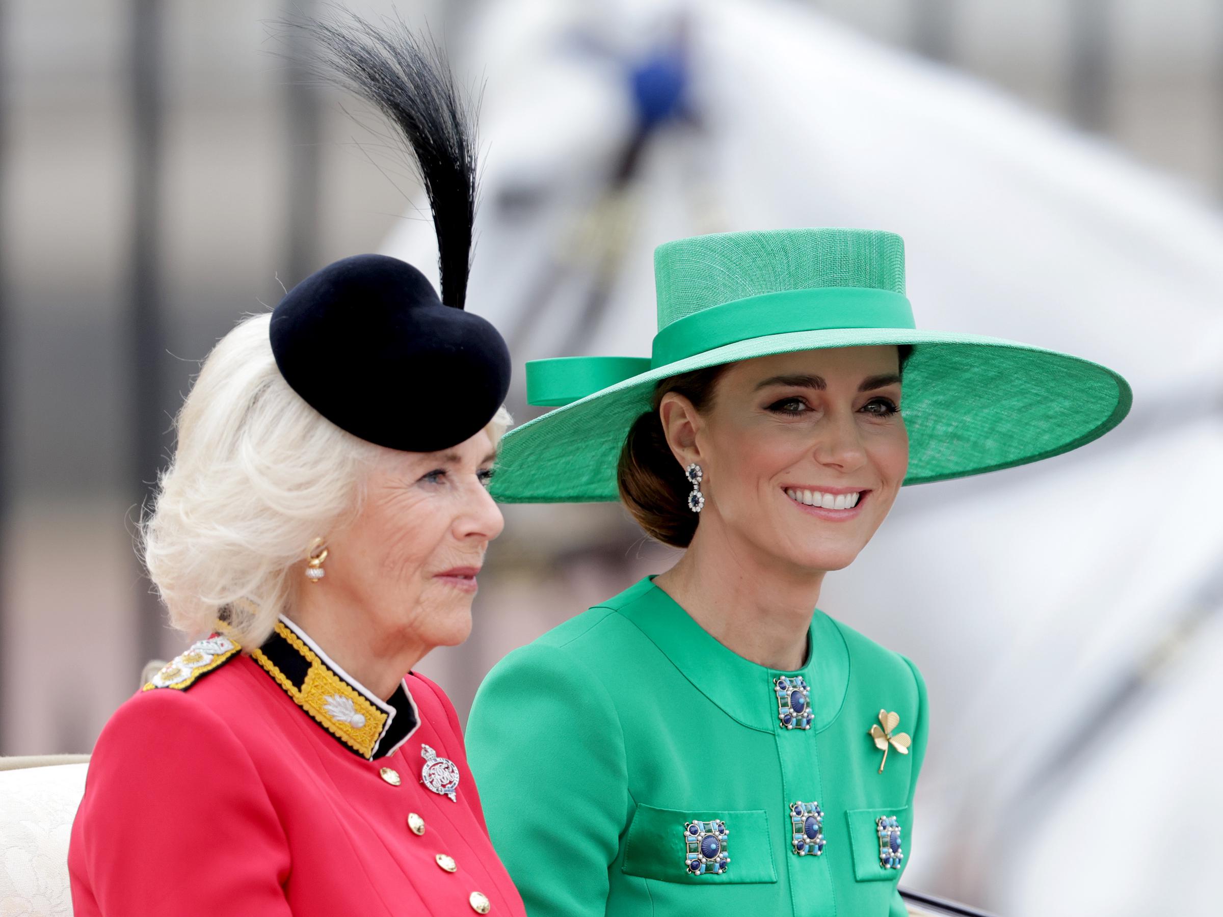 Queen Camilla and Princess Catherine ride in the royal carriage during the Trooping the Colour parade in London. on June 17, 2023. | Source: Getty Images