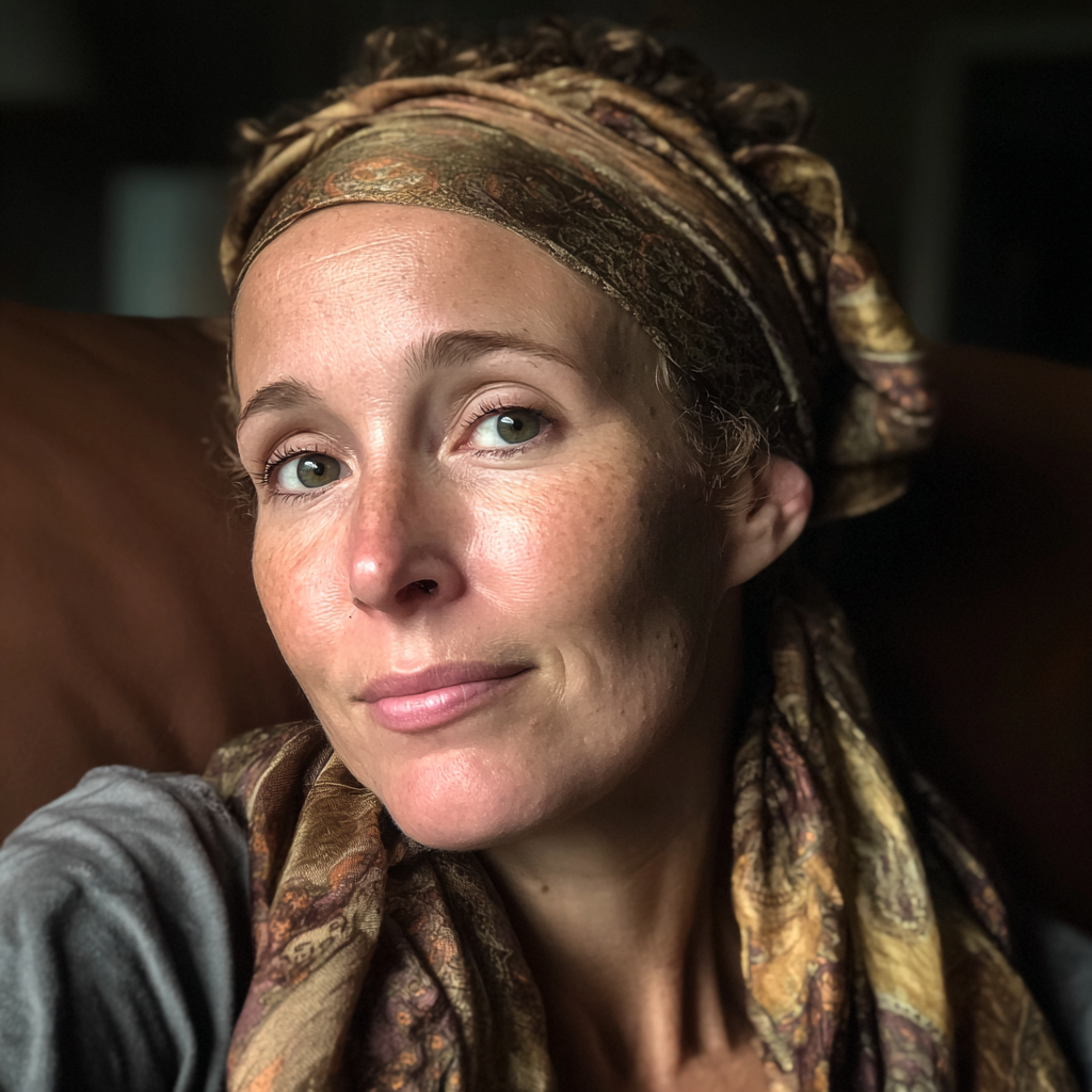 A woman sitting on a couch and wearing a silk scarf | Source: Midjourney
