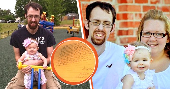 Mitchell Raleigh Whisenhunt with his daughter Brynleigh [left]; One of Mitchell Raleigh Whisenhunt’s letters [center]; Mitchell Raleigh Whisenhunt with his wife Ashley Whisenhunt [right]. | Source: twitter.com/KLTV7 twitter.com/WAFB twitter.com/SOCONNORNEWS