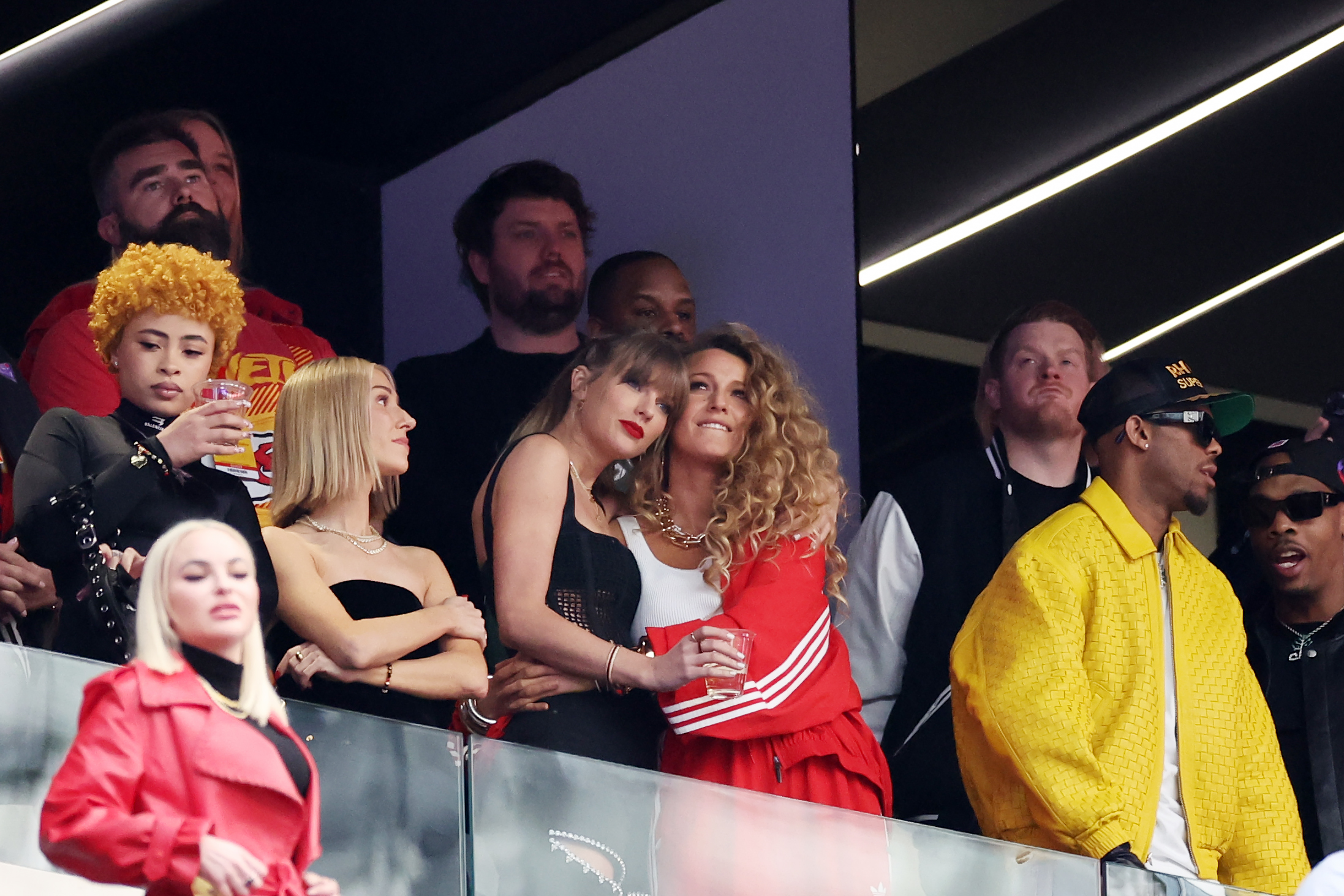 Taylor Swift and Blake Lively hug prior to Super Bowl LVIII between the San Francisco 49ers and Kansas City Chiefs at Allegiant Stadium on February 11, 2024 in Las Vegas, Nevada. | Source: Getty Images