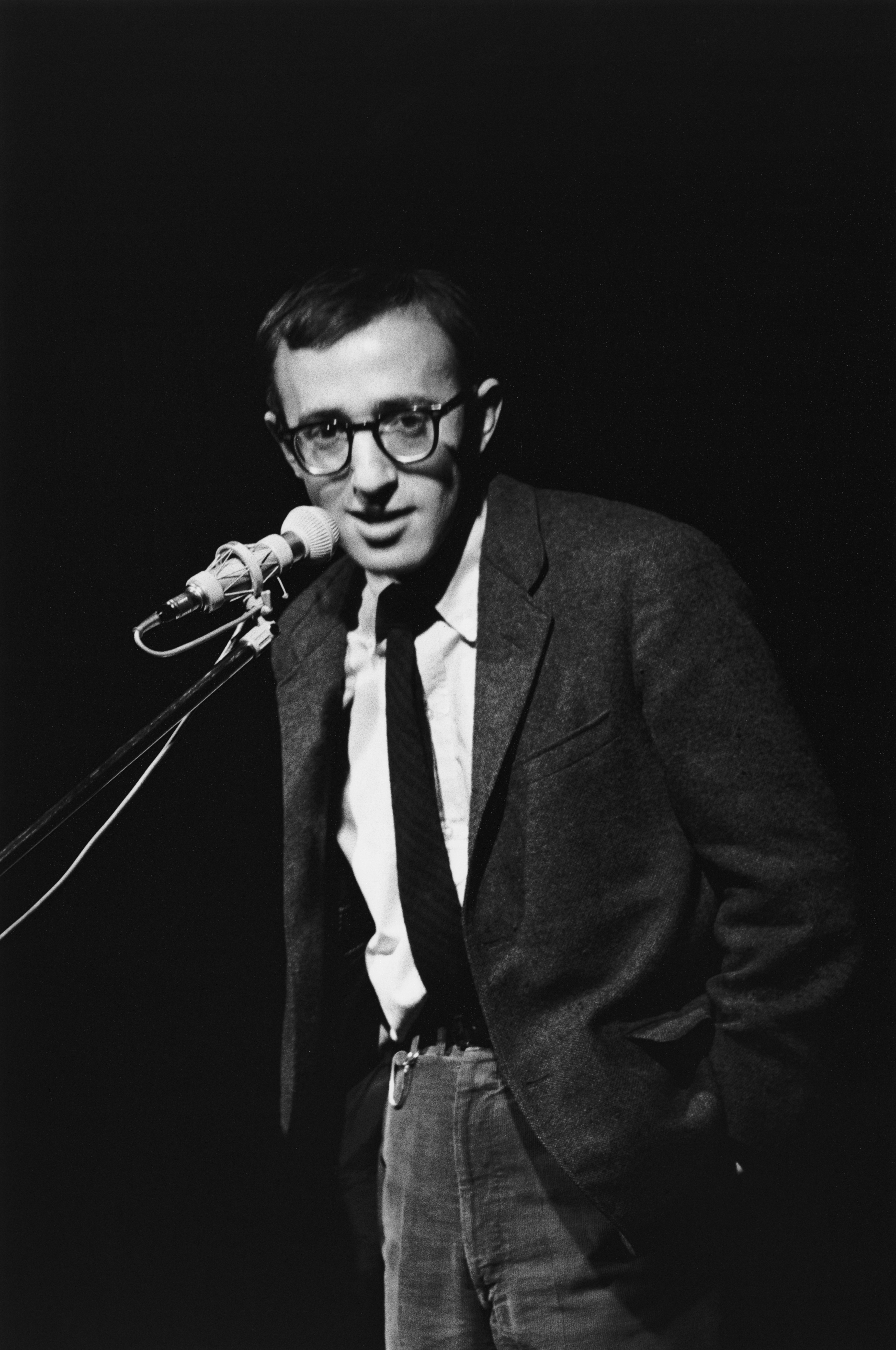 Woody Allen performing his "Gideon Bible/Bullet" joke at the Village Gate in January 1963. | Source: Getty Images