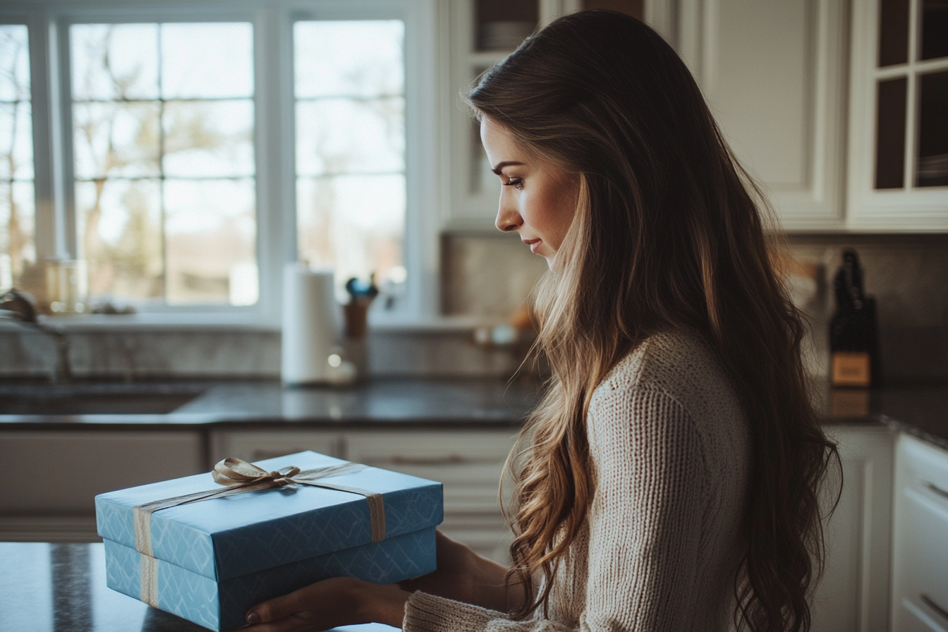 A woman with a blue gift box | Source: Midjourney