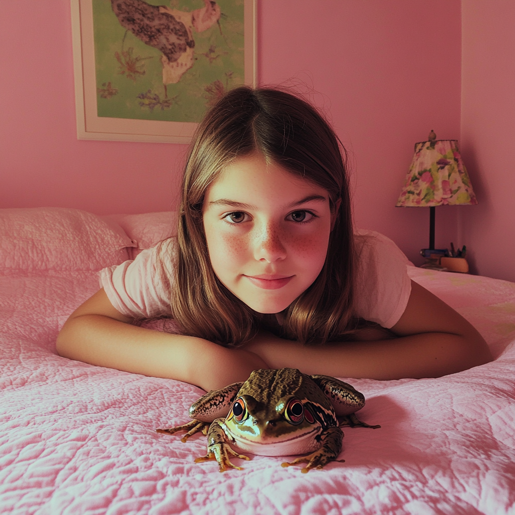 A little girl with a pet frog | Source: Midjourney