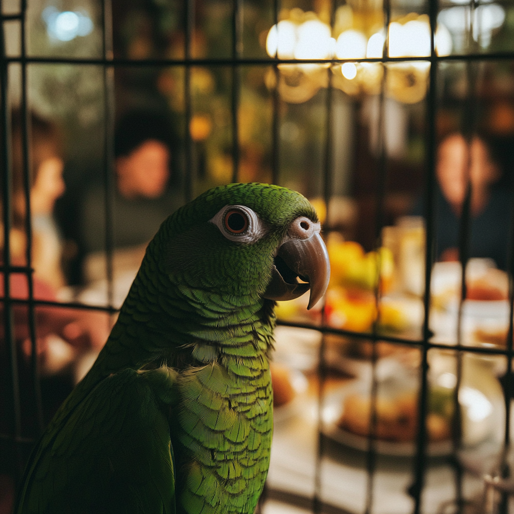 A green parrot in a cage | Source: Midjourney