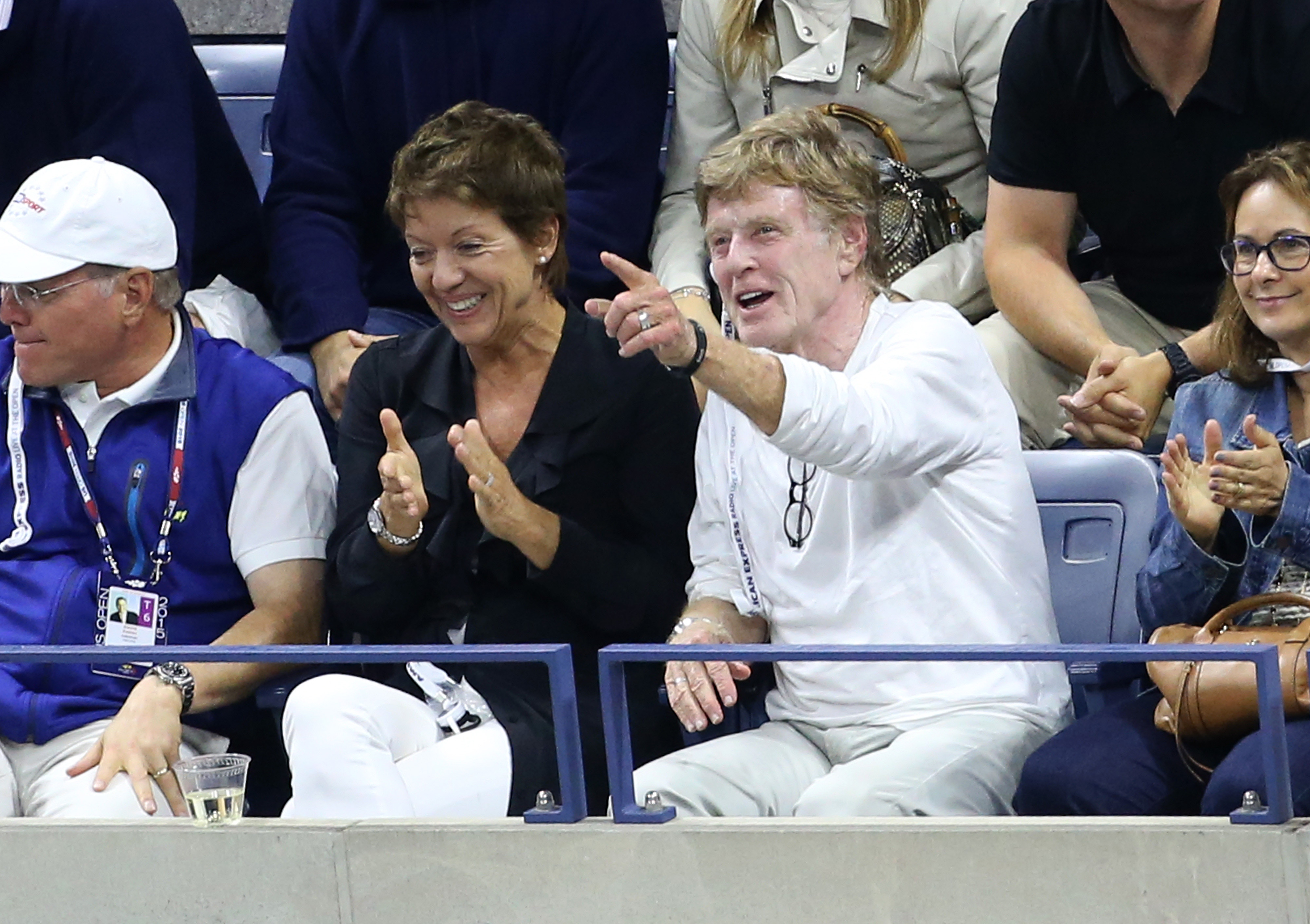 Sibylle Szaggars and Robert Redford at the Men's Final on day fourteen of the 2015 US Open on September 13, 2015, in New York. | Source: Getty Images