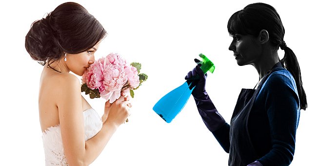 Side-by-side photos of a bride and a woman doing chores. | Source: Shutterstock