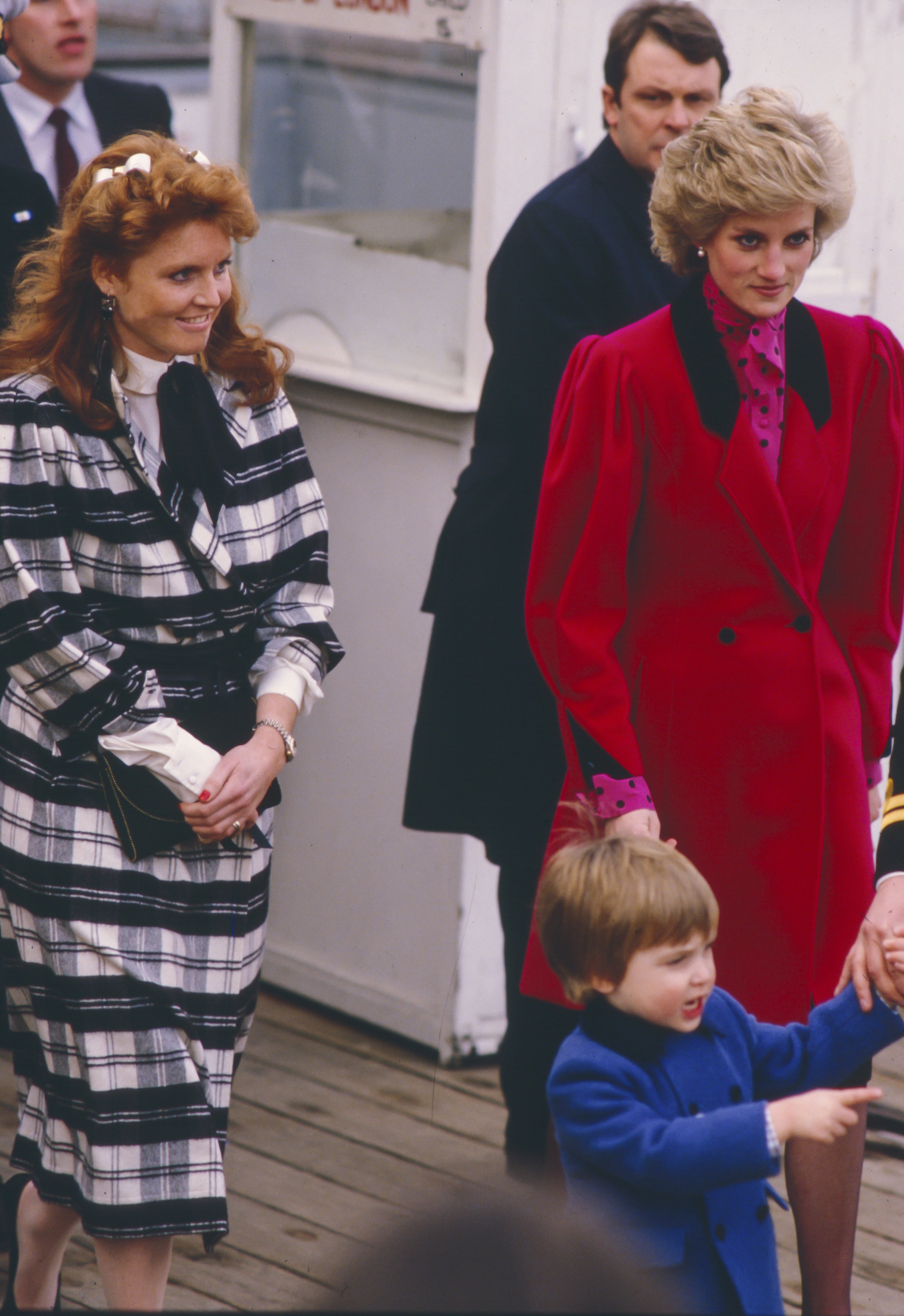 The Princess of Wales, Diana, accompanied by Sarah Ferguson on a visit to HMS Brazen, by the River Thames on February 5, 1986 in London, United Kingdom. / Source: Getty Images