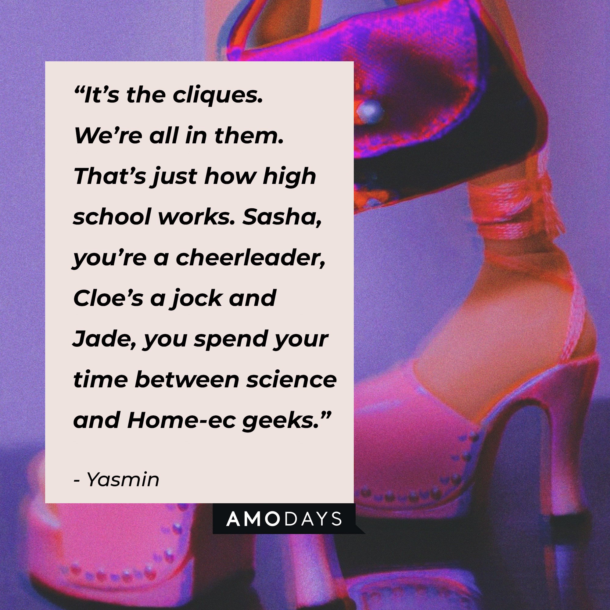 Yasmin's quote: “It’s the cliques. We’re all in them. That’s just how high school works. Sasha, you’re a cheerleader, Cloe’s a jock and Jade, you spend your time between science and Home-ec geeks.” | Image: AmoDays