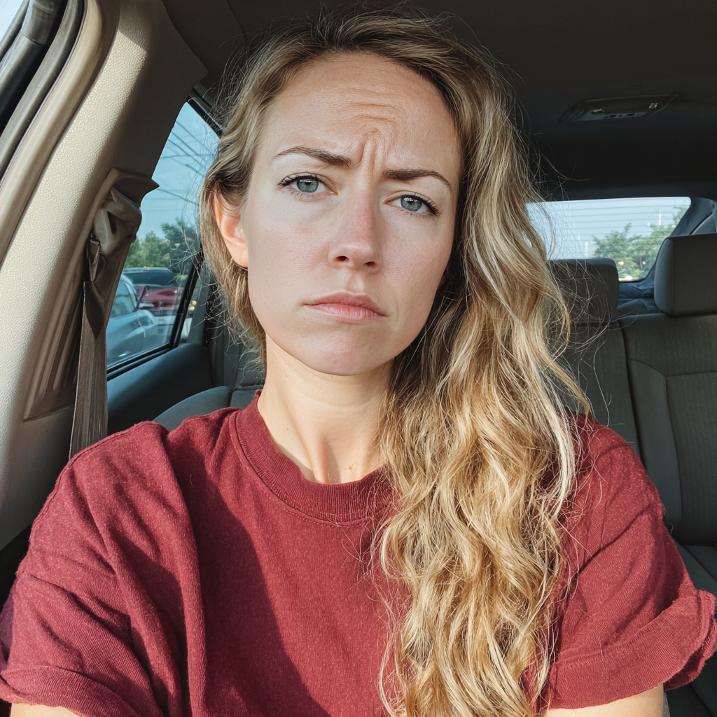A frowning woman sitting in a car | Source: Midjourney