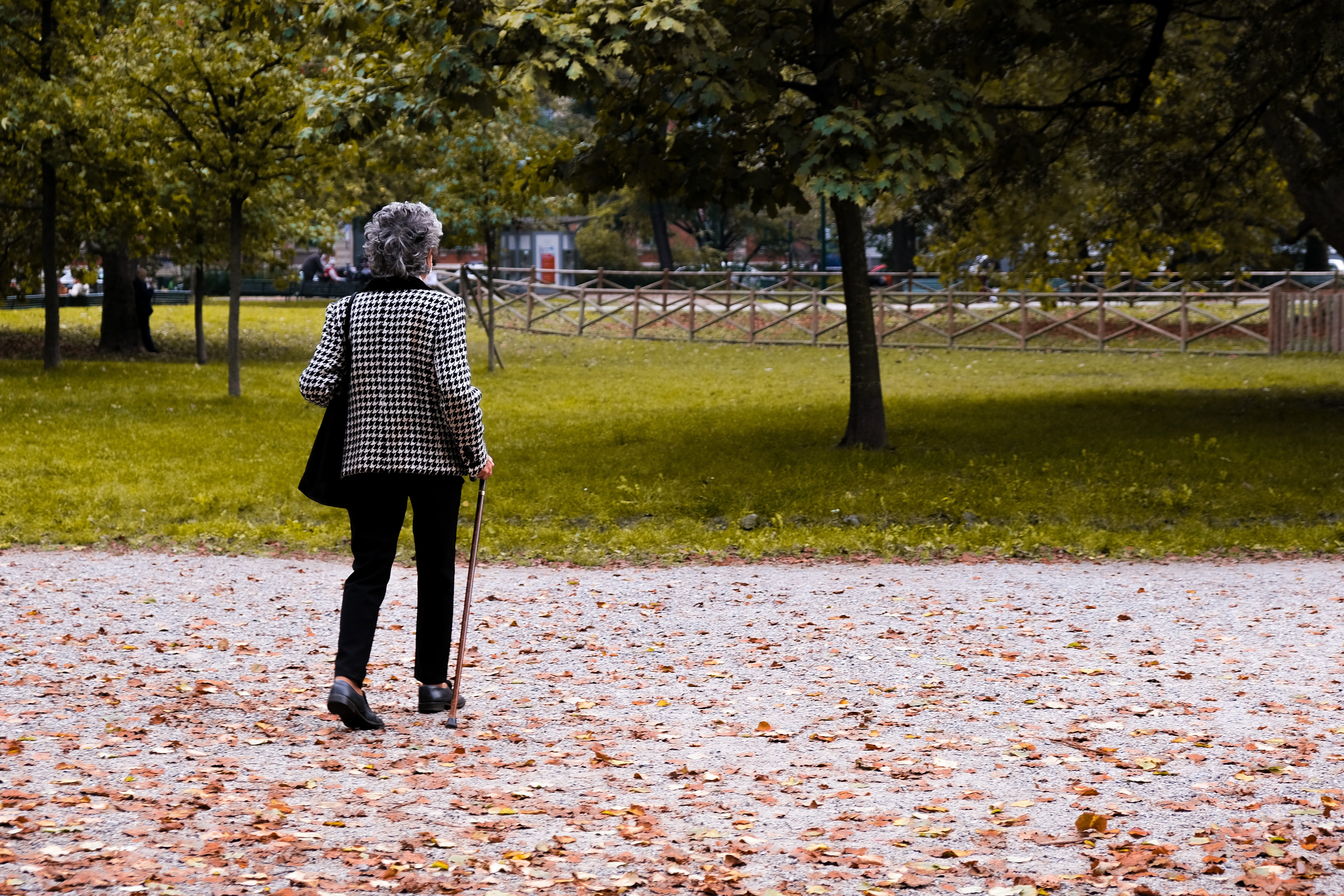 Anciana caminando con un bastón en un parque. | Foto: Unsplash