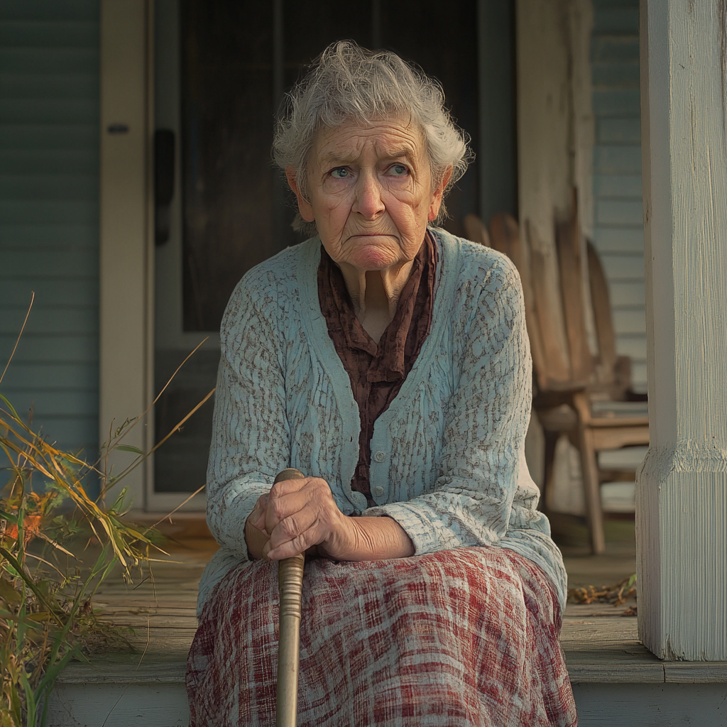 Edna sitting on her porch | Source: Midjourney