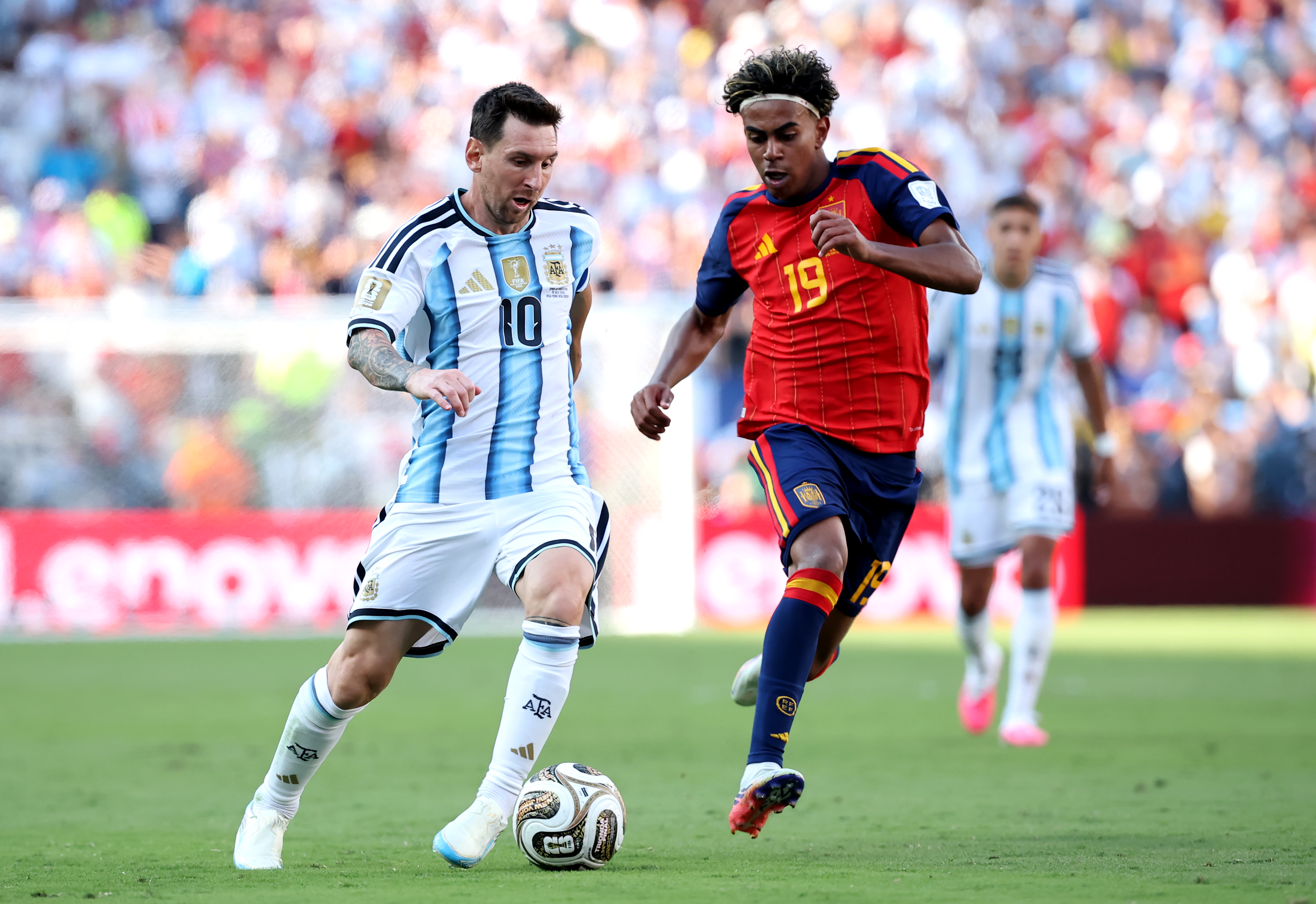 Lionel Messi and Lamine Yamal during the FIFA World Cup 2026 final between Spain and Argentina at New York New Jersey Stadium on July 19 in East Rutherford, New Jersey. | Source: Getty Images