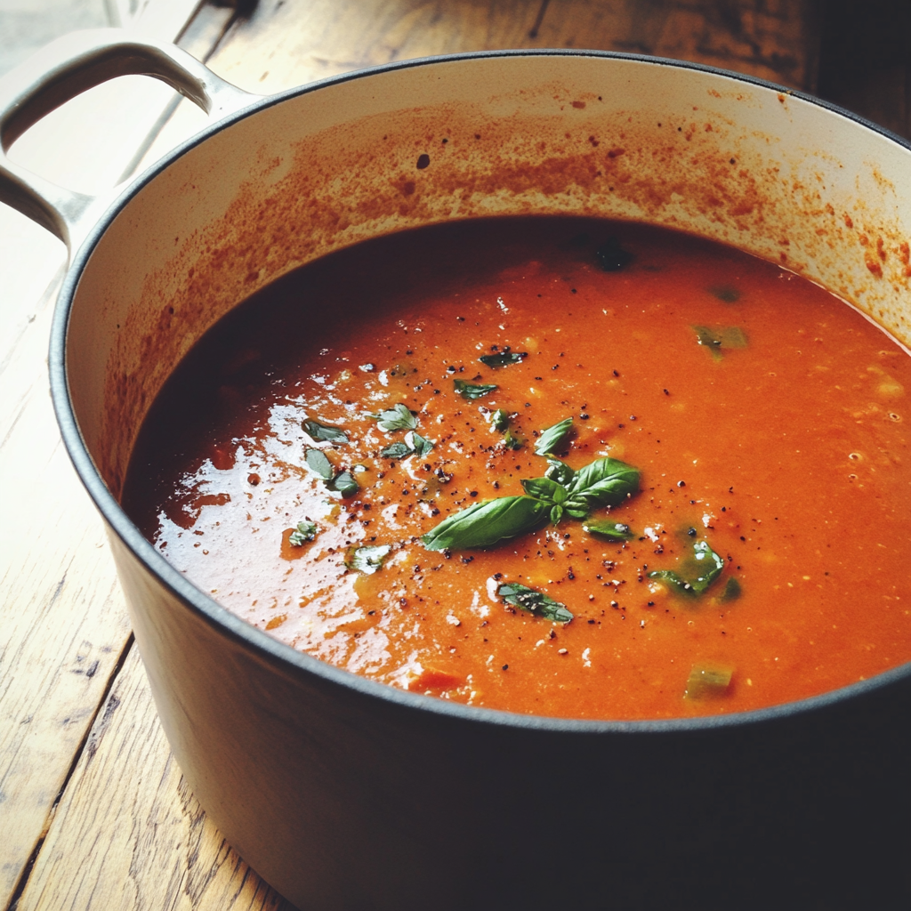 A pot of tomato soup on a table | Source: Midjourney