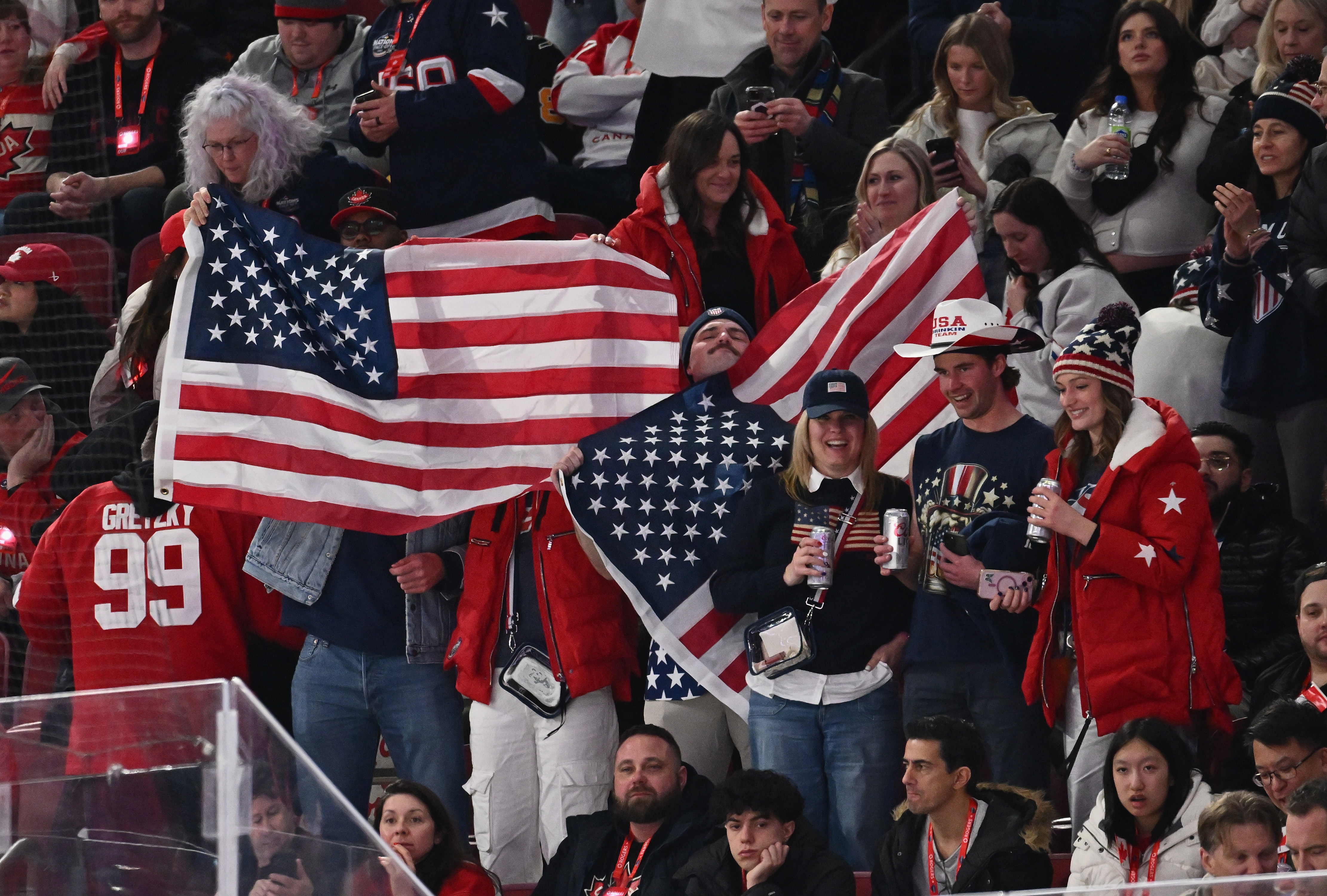 Fans celebrate a Team USA win against Team Canada in the 4 Nations Face-Off game at the Bell Centre on February 15, 2025, in Montreal, Quebec, Canada | Source: Getty Images