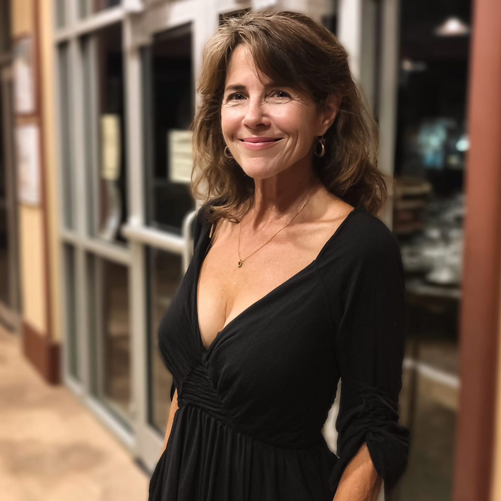 A smiling older woman wearing a black dress | Source: Midjourney