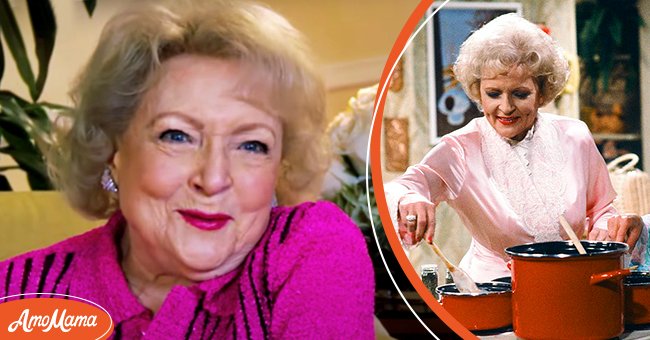 Betty White pictured in ET's Interviews From The Vault YouTube Video [Left] White as Rose Nylund in "The Golden Girls' [Right] | Photo YouTube/ Canada ET & Getty Images