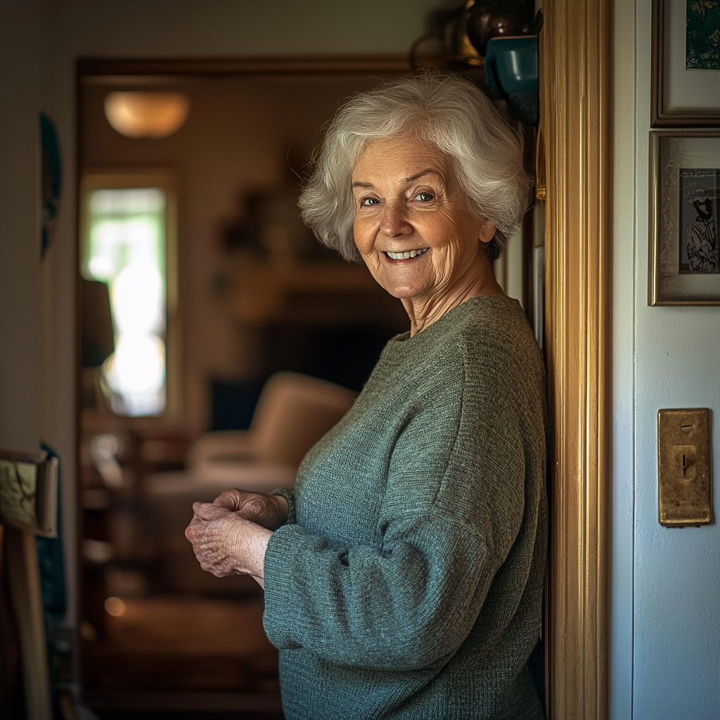 A smiling elderly lady standing next to the door and looking at someone | Source: Midjourney