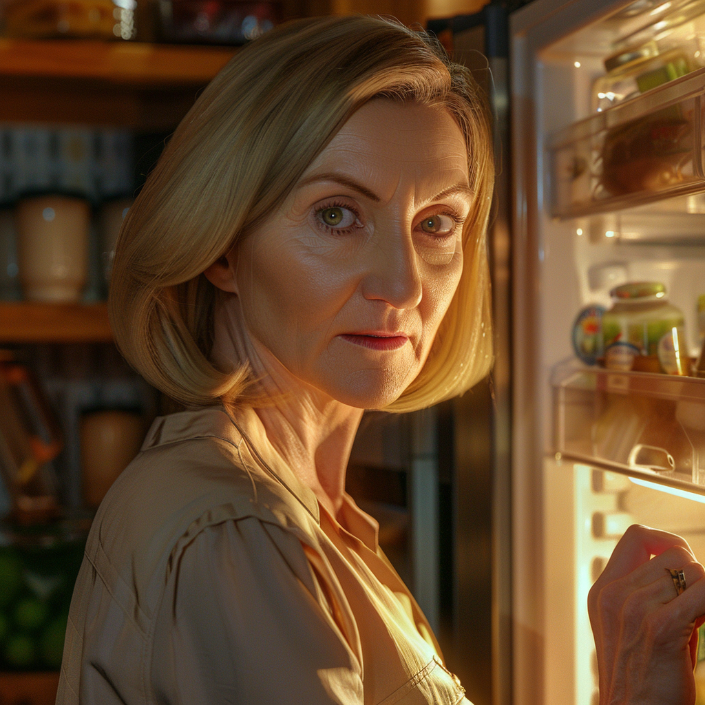 An older woman standing near an open refrigerator | Source: Midjourney