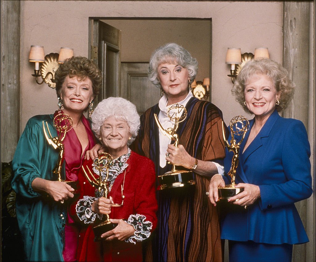 "The Golden Girls" cast pose for a group picture each holding their history making Emmy Awards. From the left: Rue McClanahan (Outstanding Lead Actress in a Comedy Series, 1987); Estelle Getty (Outstanding Supporting Actress in a Comedy Series, 1988); Bea Arthur (Outstanding Lead Actress in a Comedy Series, 1988) and Betty White (Outstanding Lead Actress in a Comedy Series, 1986) | Source: Getty Images