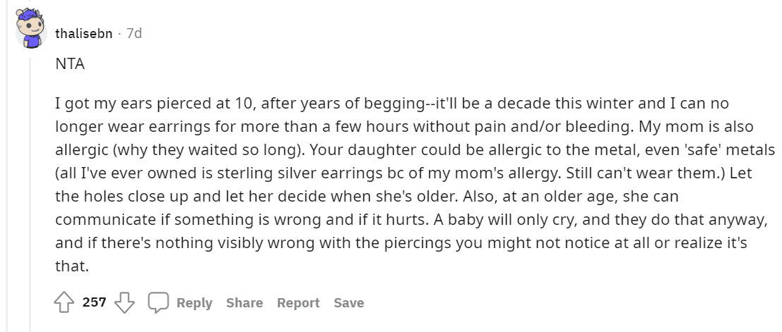 A user's comment on the story of a father furious about his daughter's piercing. | Photo: r/AmItheAsshole