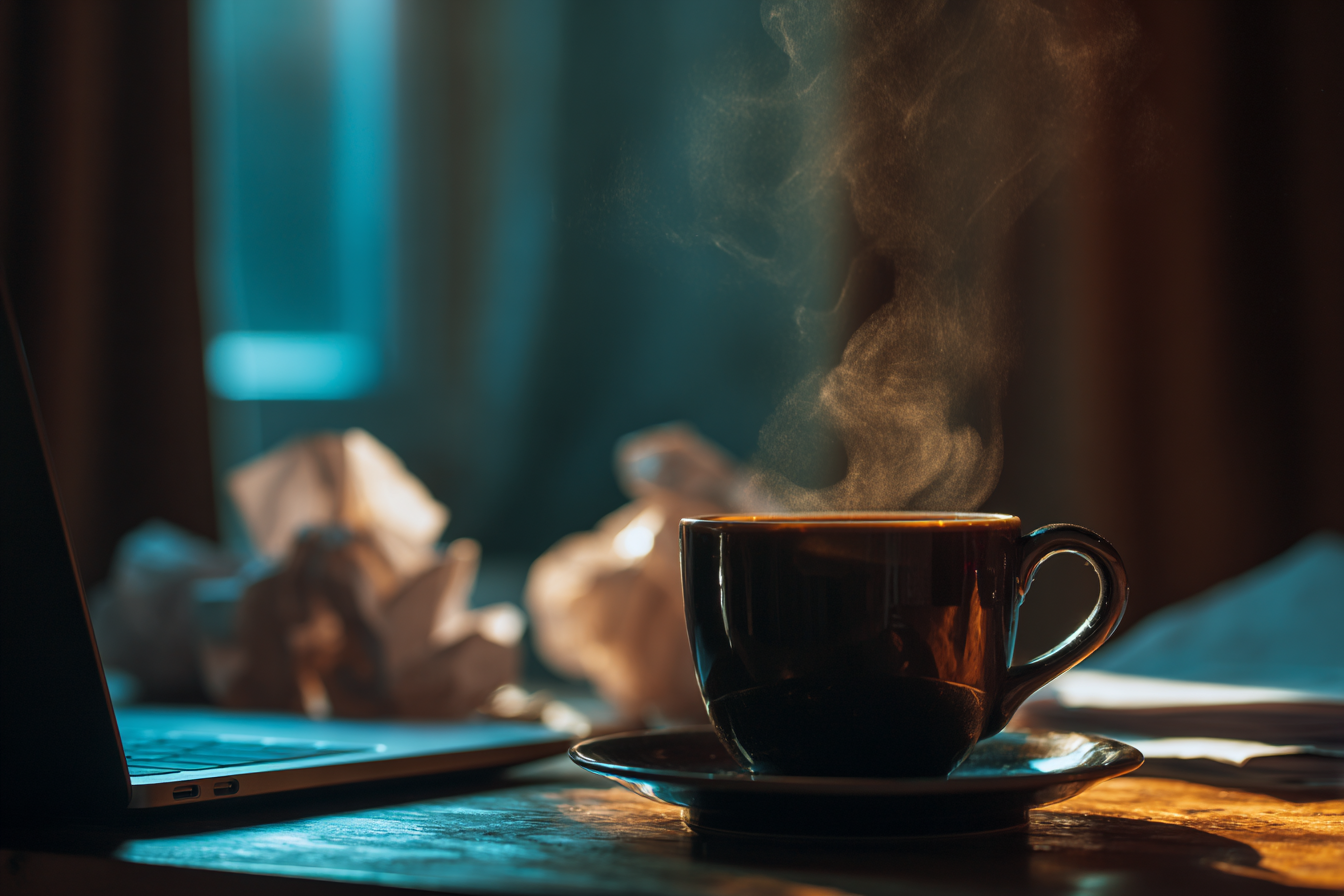 A cup of coffee on a desk | Source: Midjourney