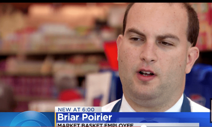 Briar Poirier, a Market Basket employee, at the grocery during his shift. | Source: CBS Boston